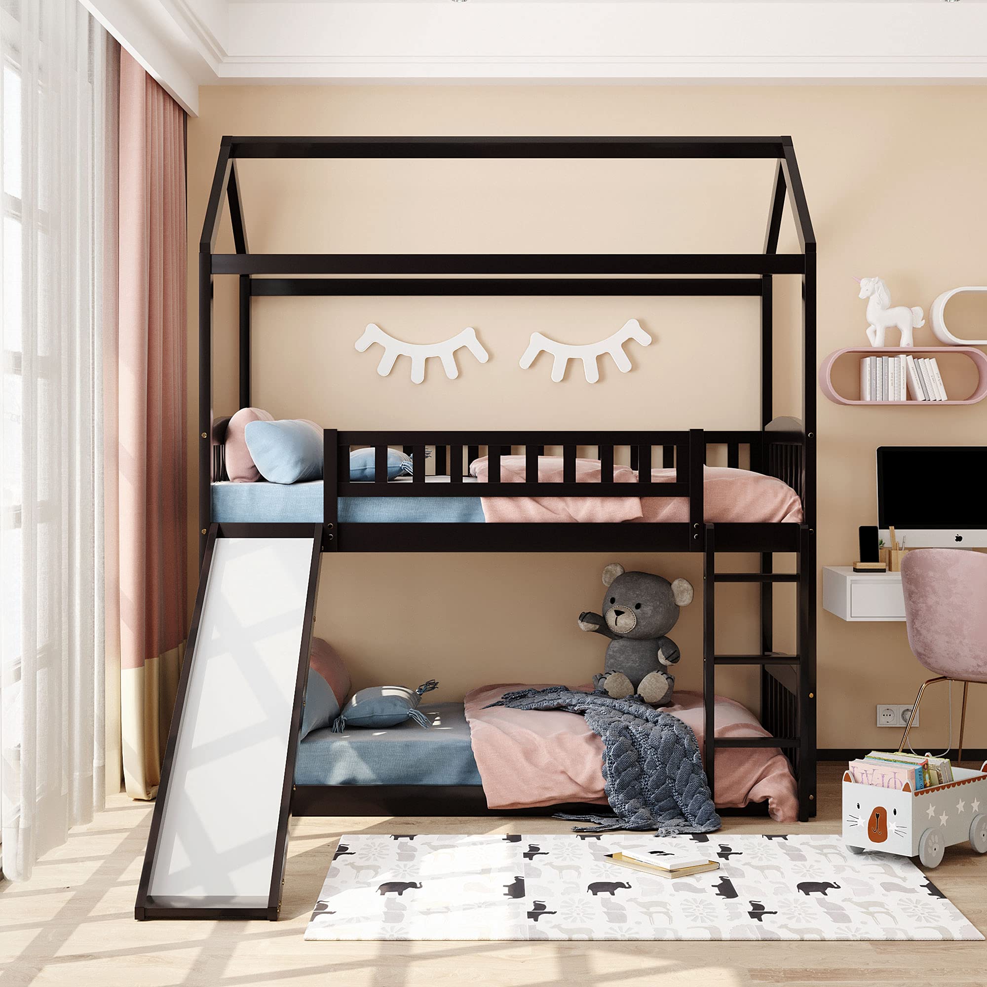Twin Over Twin Bunk Bed with Slide and Roof - Solid Wood House Bed Frame for Kids, Teens & Adults - No Box Spring Needed - Espresso Finish - Perfect for Small Bedrooms, Guest Rooms & Vacation Homes