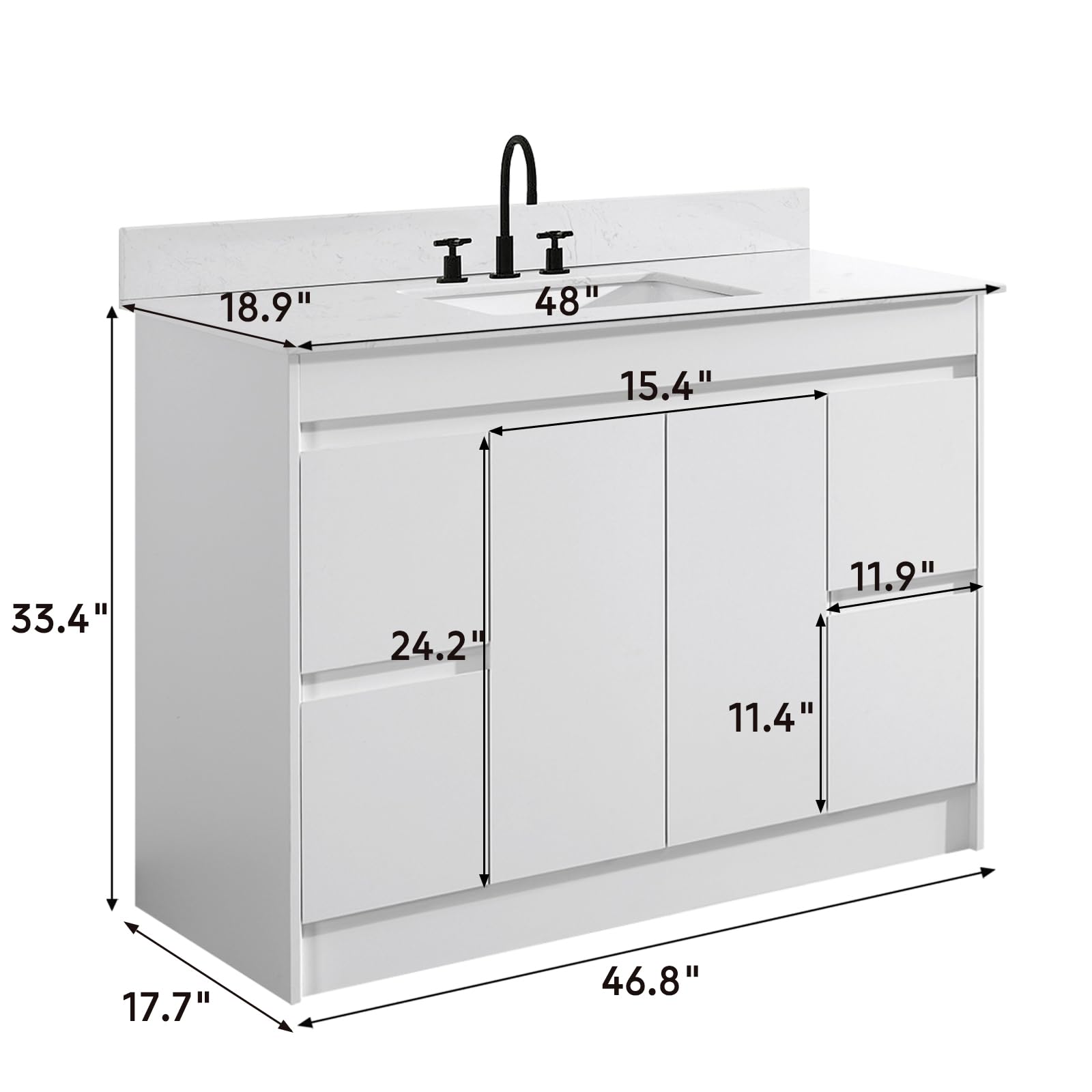 48 Inch White Bathroom Vanity with Sink Combo - Undermount Stone Top & Ceramic Sink, Thick Wood Cabinet with Soft Closing Doors & Drawers - Perfect for Modern Bathrooms, Master Bath Suites & Home Renovations