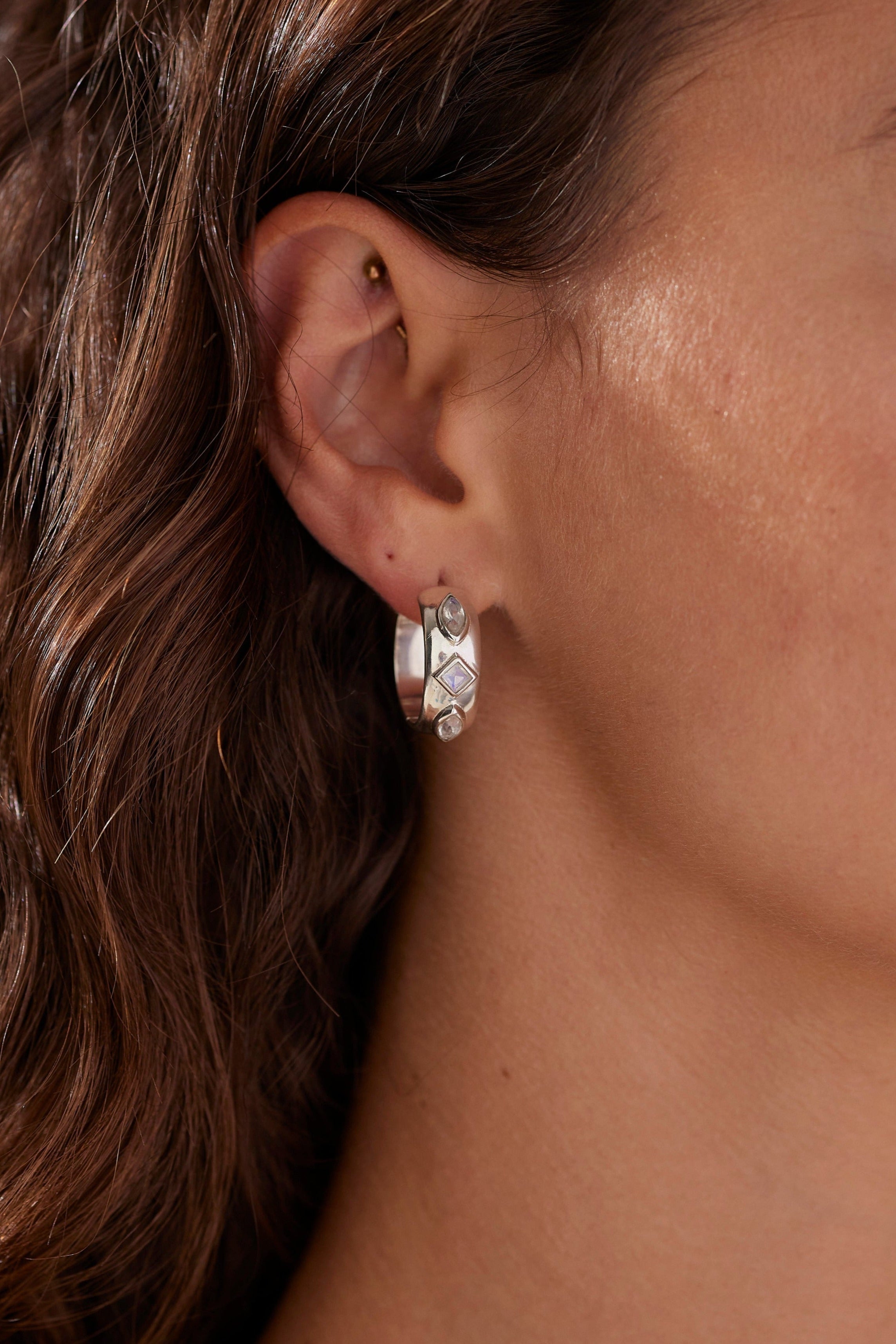 Coronet Moonstone Silver Hoop Earrings for Women - Elegant Sterling Silver Dangle Earrings for Everyday Wear & Special Occasions