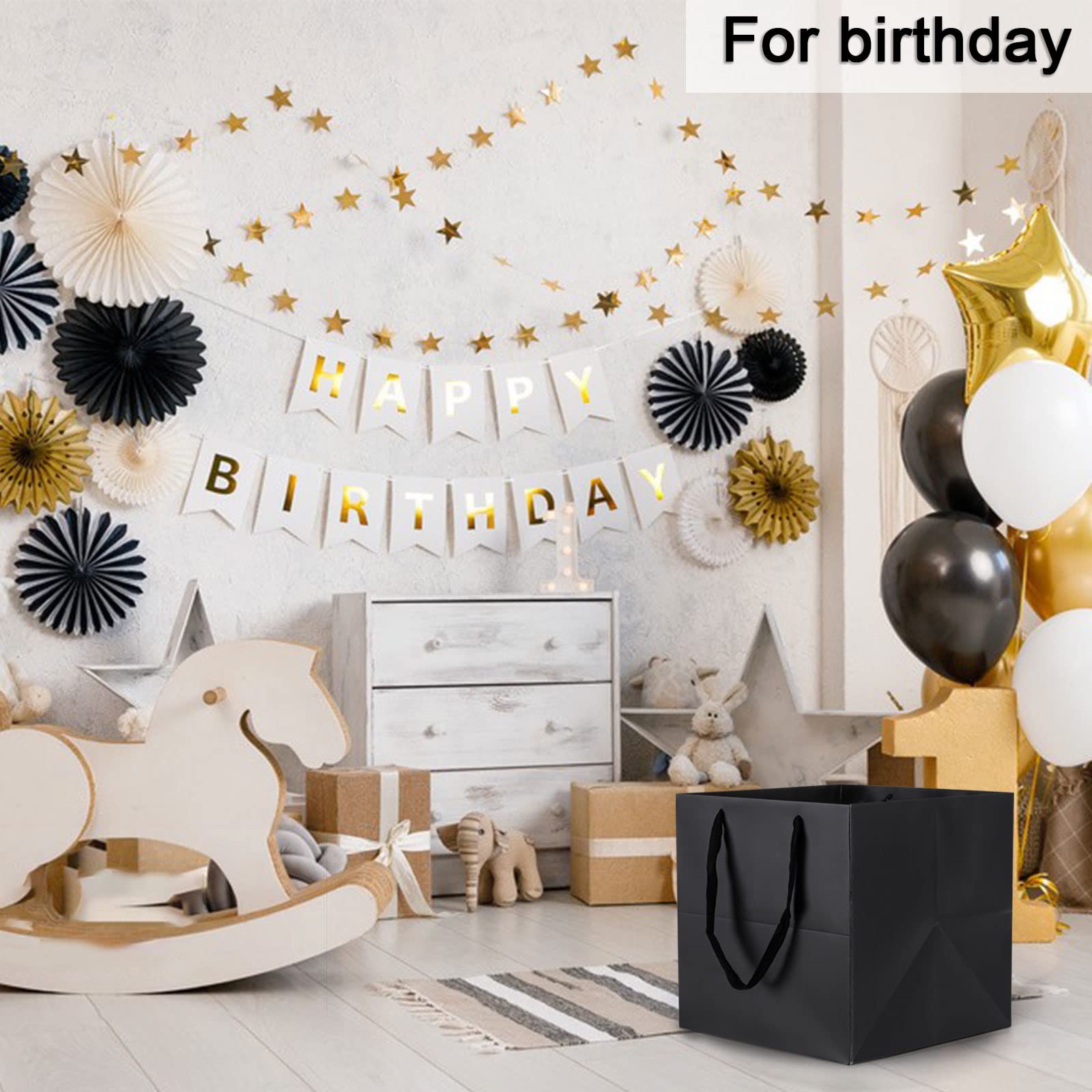 12 Pack Black Kraft Paper Gift Bags with Handles - 12x12x12 Inches Square Shopping Bags for Candles, Small Business & Retail - Perfect for Party Favors, Wedding Gifts & Boutique Packaging