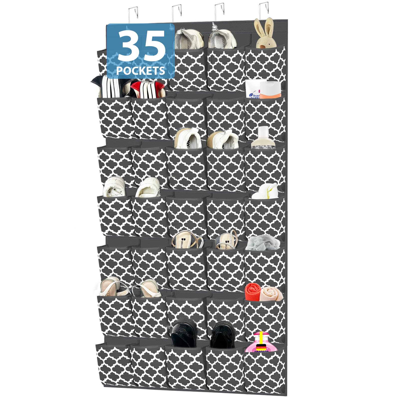 Homyfort Over the Door Shoe Organizer - 35 Extra Large Pockets Shoe Rack Storage with Sturdy Hooks for Closet, Kids Slippers, Baby Boots, Women High Heels & Men Sneakers - Space Saving Grey Shoe Holder for Bedroom, Entryway & Dorm Organization