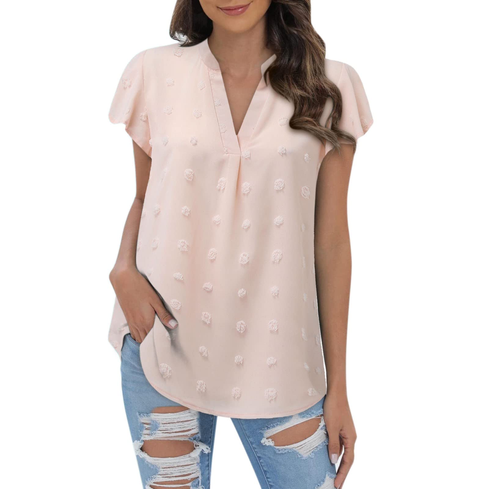 Women's Casual Chiffon Blouse Short Sleeve V-Neck Polka Dot Top - Elegant Loose Summer Shirt (Pink, Medium) | Perfect for Office Wear, Date Nights & Summer Outfits