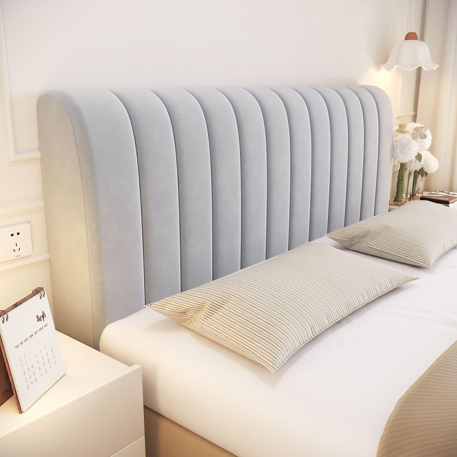 Velvet Quilted Headboard Cover for Full, Queen & King Size Beds - Thick Dustproof Headboard Slipcover Protector (Light Gray, Queen 59