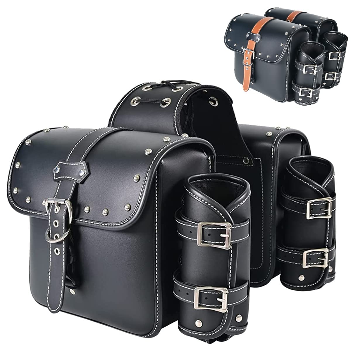 **JAIYESOU PVC Leather Motorcycle Saddlebags – Waterproof Throw Over Panniers with Cup Holder & Tool Storage, Universal Fit for Harley, Honda, Yamaha (1 Pair, Brown Belt & Black) – Ideal for Long Rides & Road Trips**