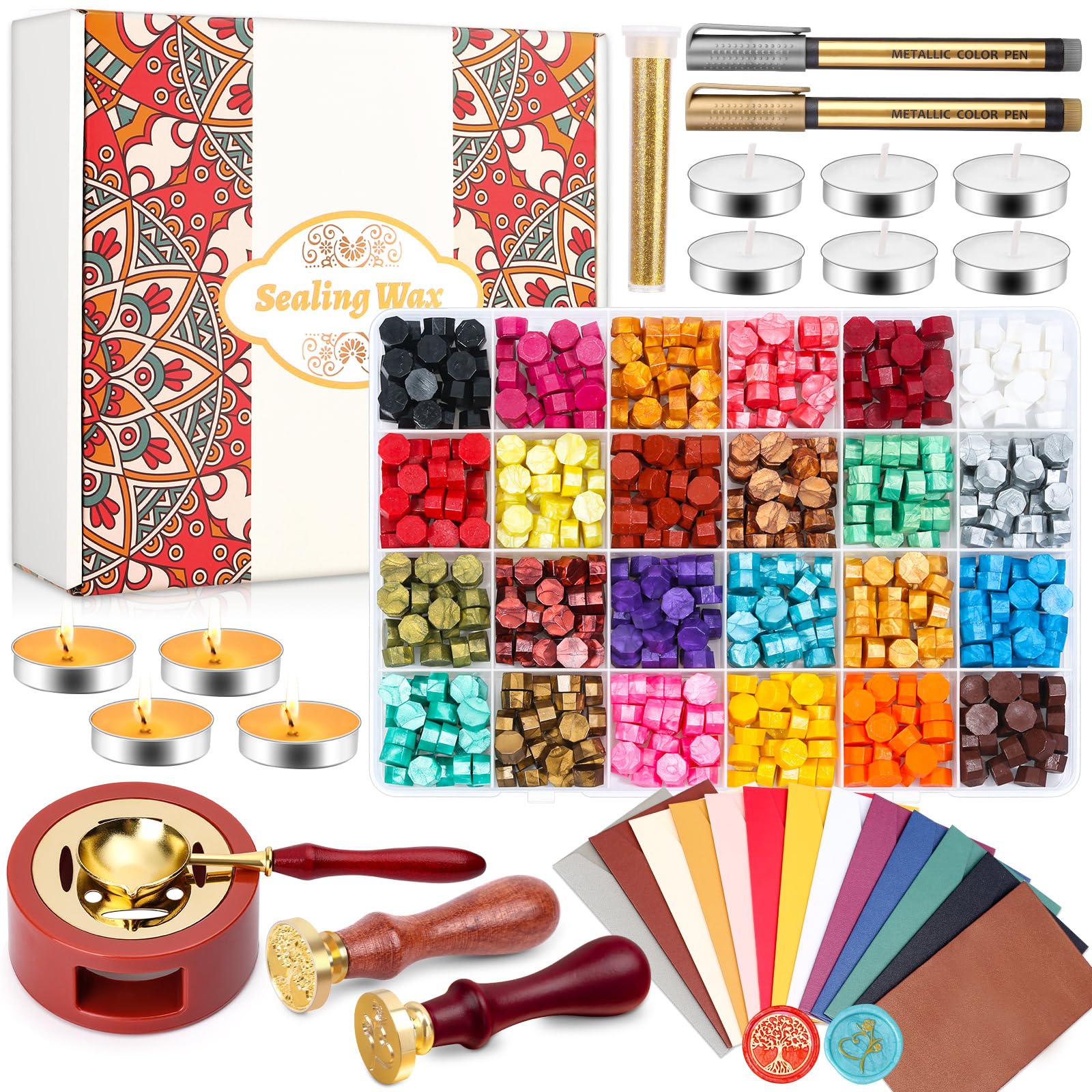 Premium Wax Seal Kit - 50 Wax Seal Beads, Custom Stamp, Electric Warmer, Wax Spoon & 10 Envelopes for Wedding Invitations, Diplomas & Vintage Letter Sealing - Elegant Gift Set for Calligraphy Lovers