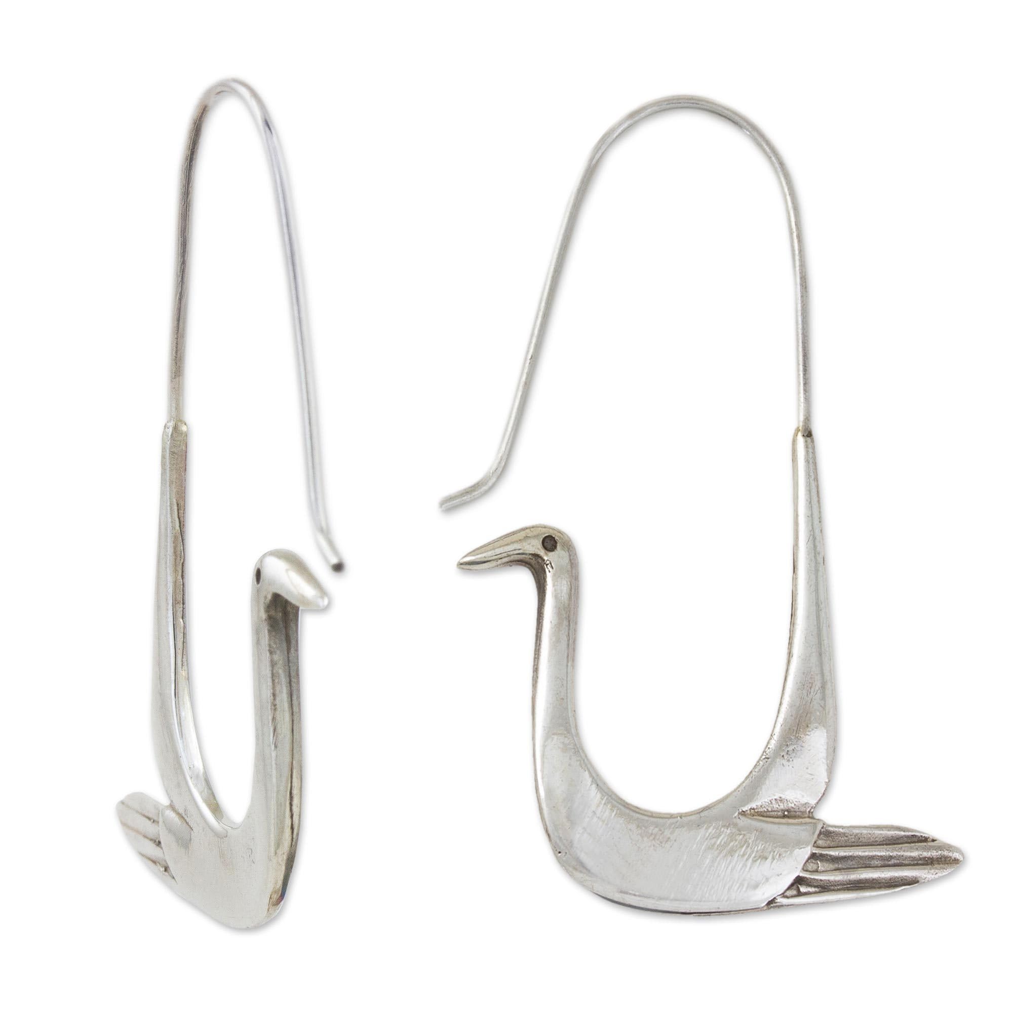 Handmade Sterling Silver Hoop Earrings with Bird Drop - 'Silver Dove' Design (1.8