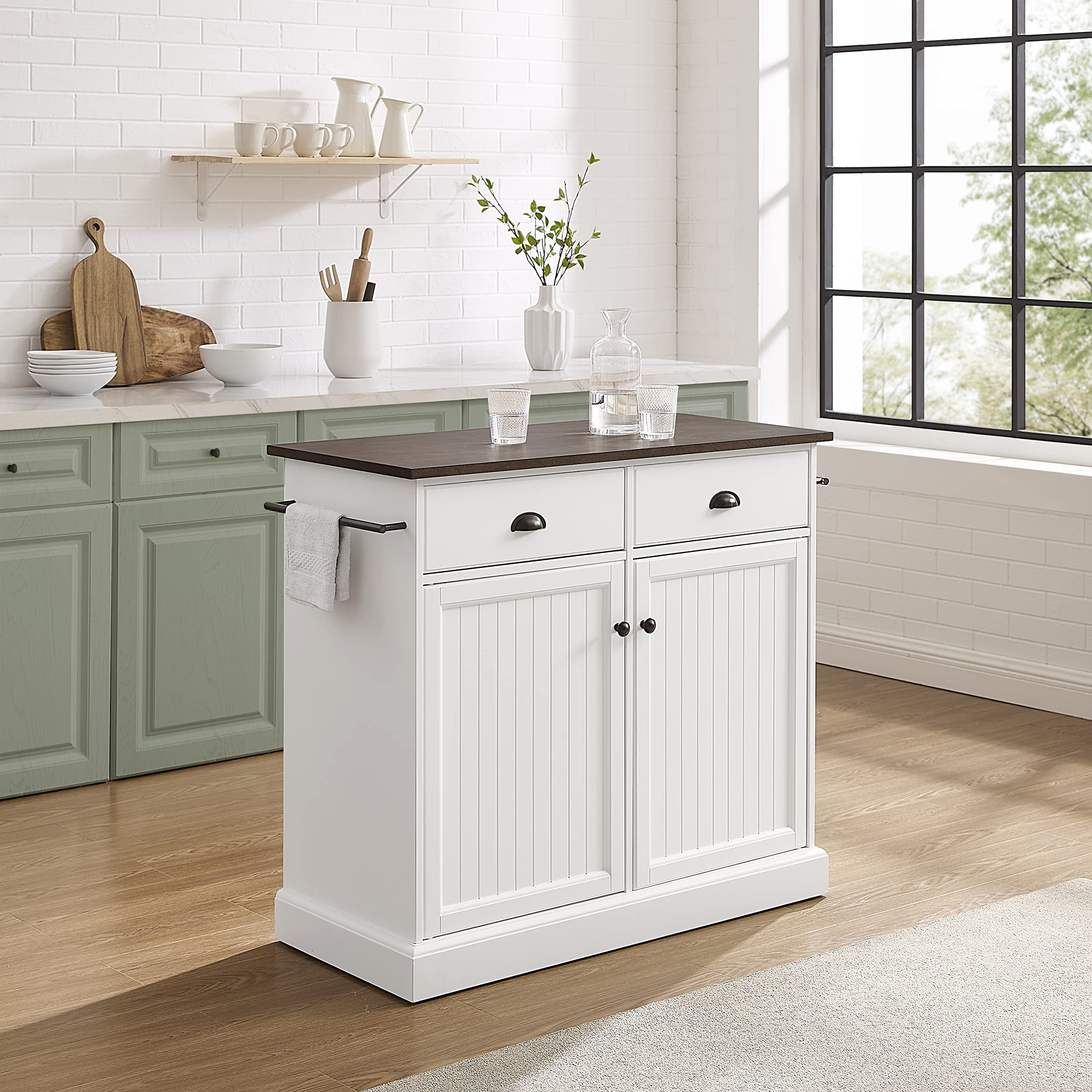Crosley Shoreline White Kitchen Island with Shelves & Drawers - Microwave Stand, Coffee Bar Station for Small Spaces - Perfect for Apartments, Condos & Compact Kitchens