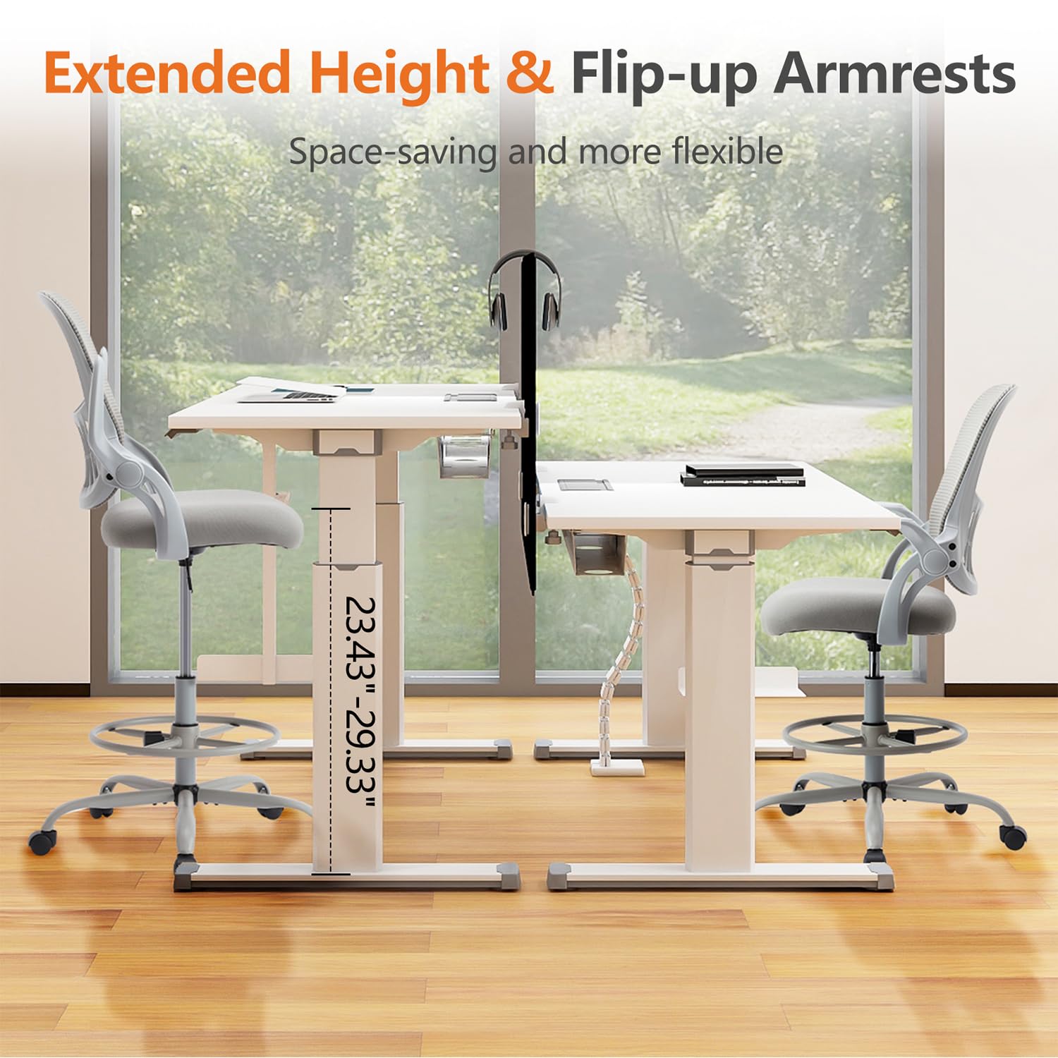 Ergonomic Drafting Chair with Flip-Up Armrests & Adjustable Footrest - High Desk Chair with Lumbar Support & Height Adjustment - Perfect for Artists, Architects & Office Workstations (Gray)