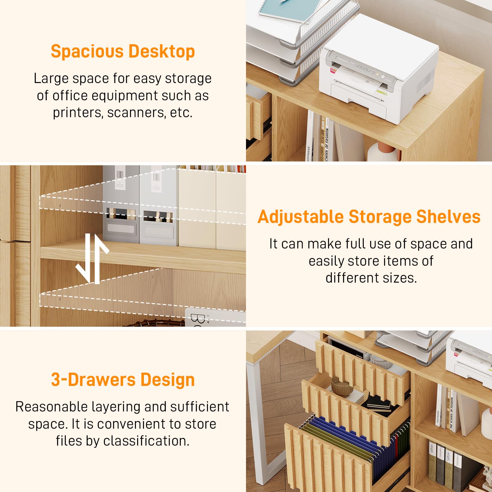 3 Drawer Wooden File Cabinet with Adjustable Shelf - Fluted Lateral Filing Cabinet for Letter & A4 Size Documents - Natural Oak Home Office Storage Solution - Perfect for Organizing Files, Printer Stand & Office Supplies in Workspaces