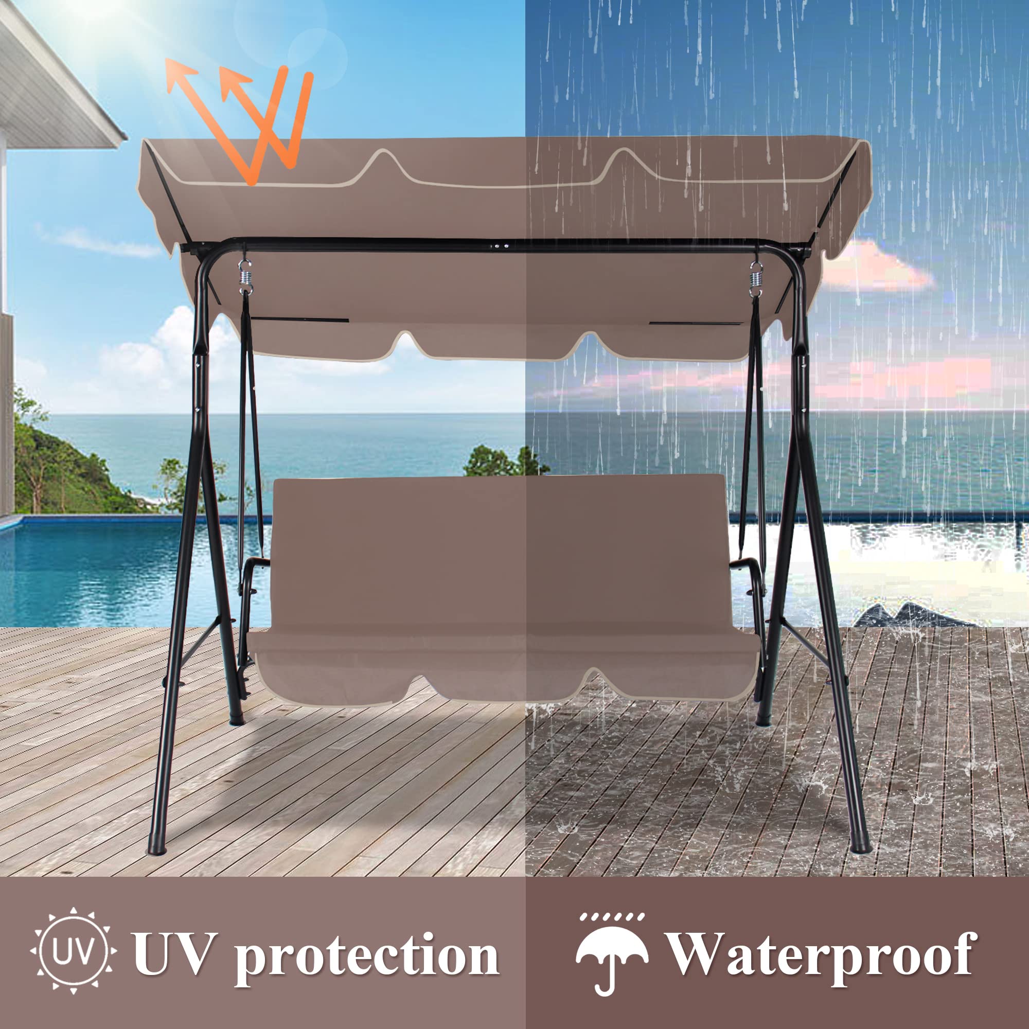 3-Seats Outdoor Patio Swing Chair with Adjustable Canopy & Sturdy Steel Frame - Heavy Duty Porch Swing for Adults, Removable Cushion - Perfect for Garden, Backyard, Balcony & Deck Relaxation (Brown)