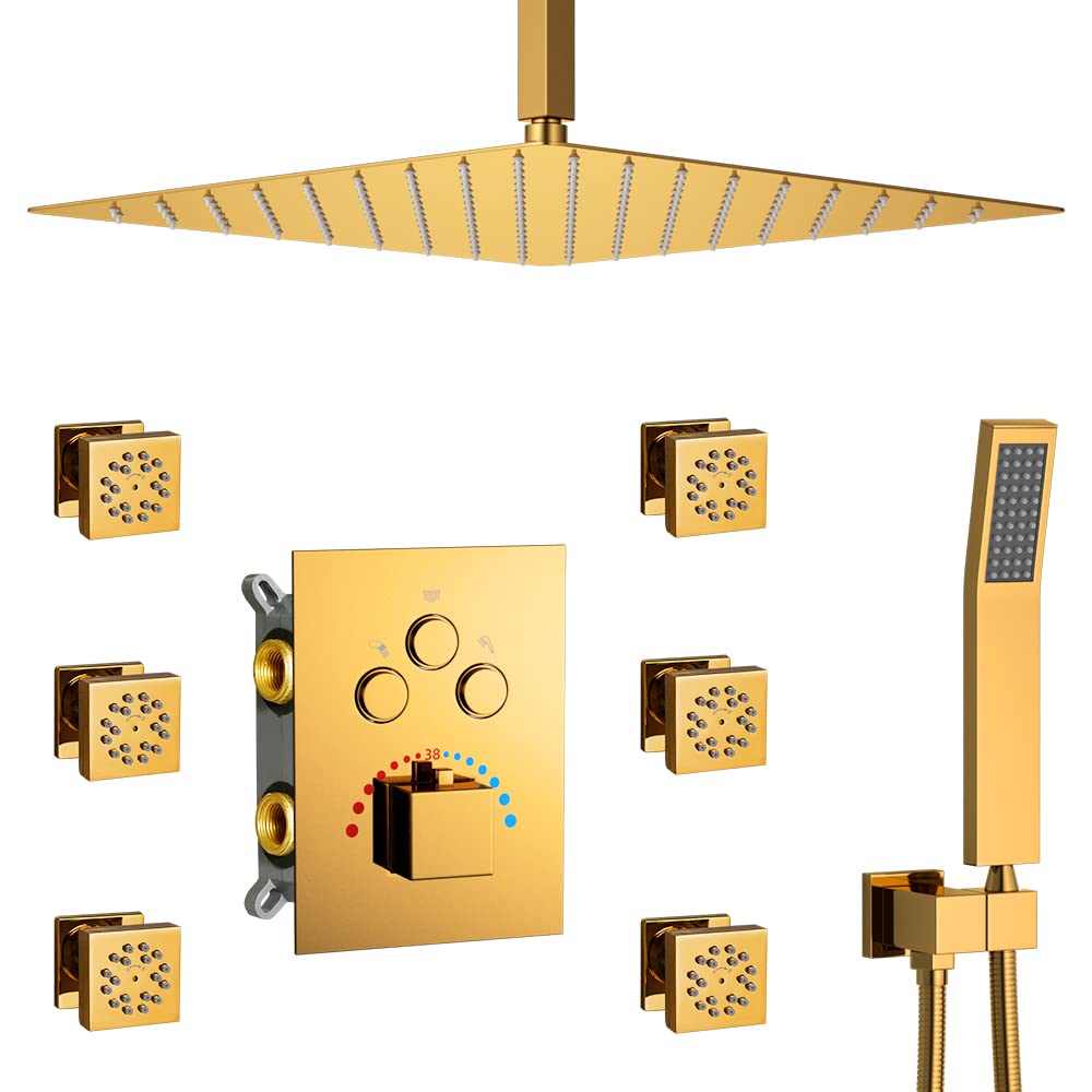 16 Inch Ceiling Mount Rain Shower System - 2 Function Body Jets, Thermostatic Control, Polished Gold Finish | Multi-Function Full Body Shower for Luxury Bathroom & Spa Experience | Perfect for Master Bath, Hotel, and Wellness Retreats