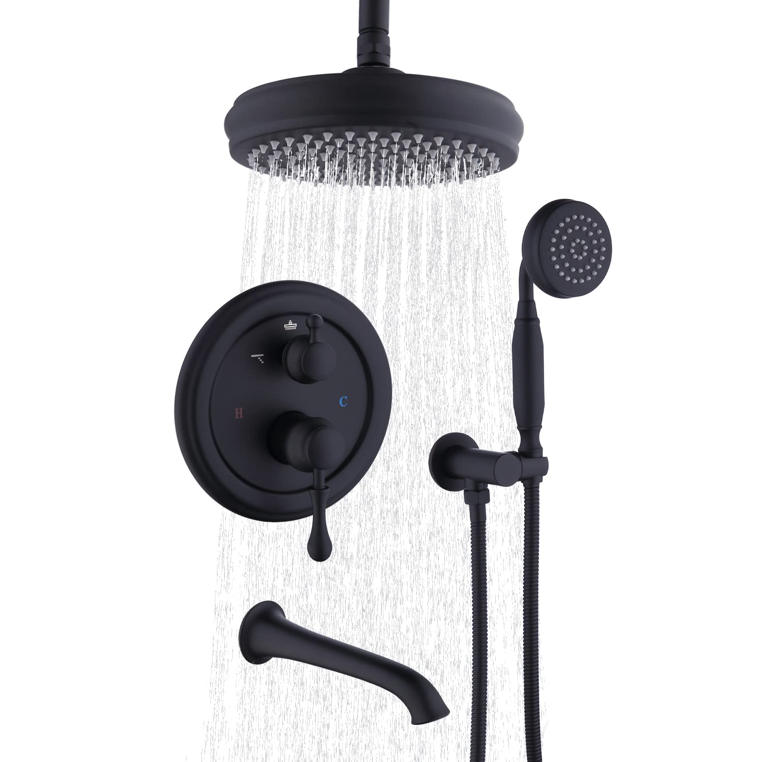Antique Matte Black Rain Shower System with 8 Inch Rainfall Shower Head & Handheld Spray - Complete Bathroom Faucet Set with Waterfall Tub Spout for Luxurious Spa Experience at Home
