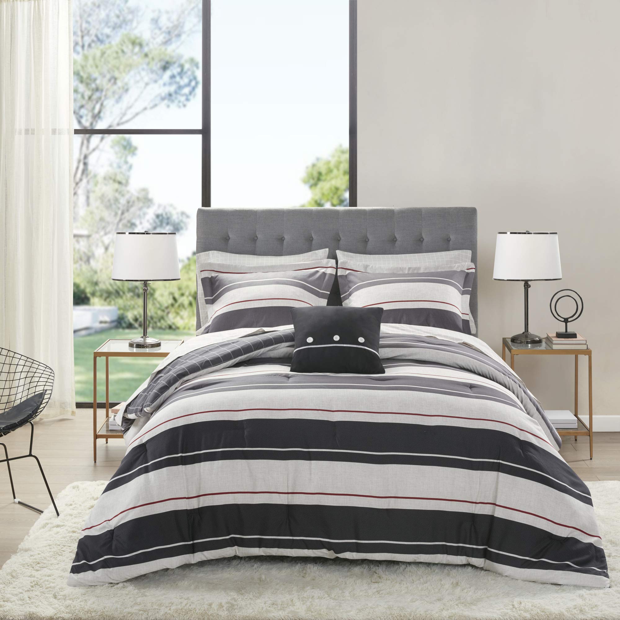 Madison Park Essentials 6-Piece Bed in a Bag Set - Reversible Stripe Comforter, All-Season Sheet Set, Matching Shams & Decorative Pillow, Twin Size (68