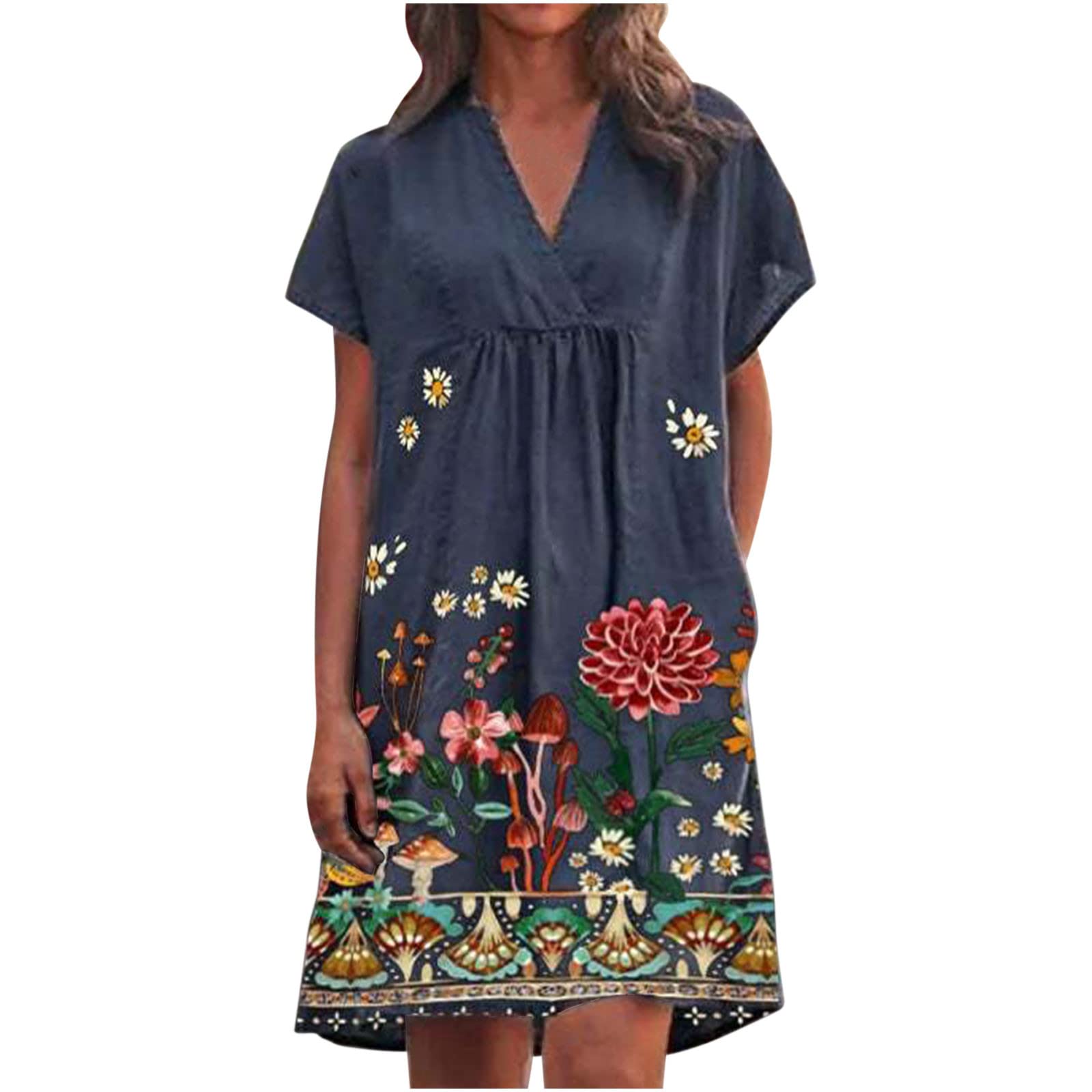 BLVB Women's Casual Summer Dress - V Neck Tunic Swing Dress with Pockets for Party, Beach & Everyday Wear | Flowy Comfortable Ladies Dress for Outings, Vacation & Special Occasions