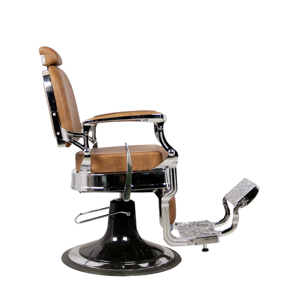 Antique Luxury Heavy Duty Barber Chair with Swivel Base - Caramel & Silver Finish | Professional Salon, Home Barber Shop, Vintage Decor