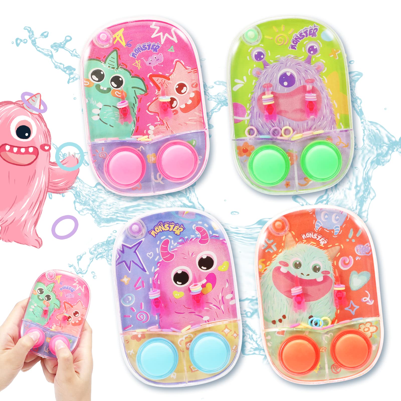 4 Pack Monster Water Ring Toss Handheld Games - Fun Water Toys for Kids, Family Outdoor Pool Party & Beach Activities - Stress Relief Car Travel Games, Retro Mini Toys for Party Favors & Gifts