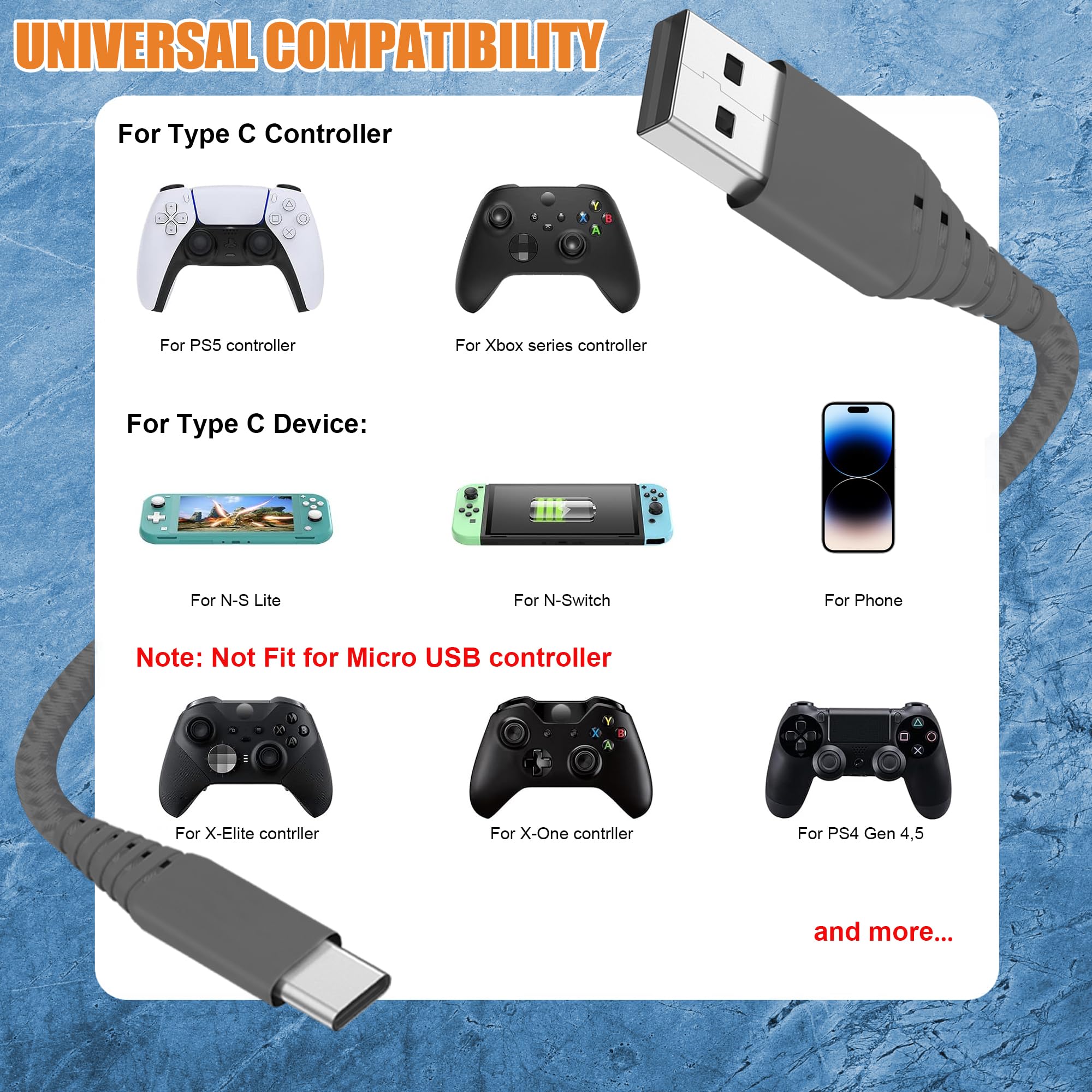 Fast Charging USB C Cable 10ft 2-Pack - 3A Nylon Braided Charger Cord for PS5 Controller, DualSense, Xbox Series X/S - Extra Long Play & Charge Wire for Gaming, Home & Office Use