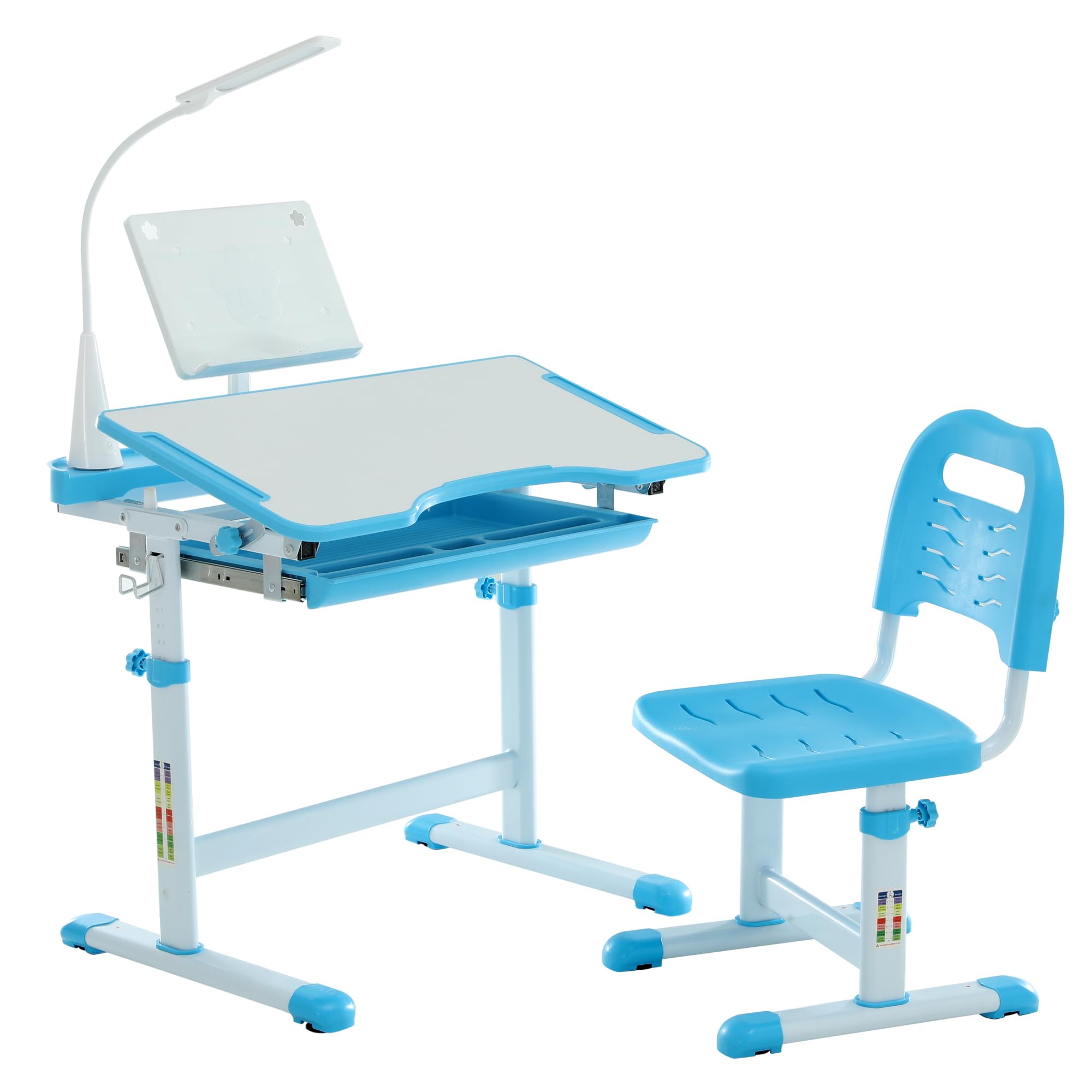 Ergonomic Adjustable Kids Study Desk and Chair Set with LED Light, Book Stand, Storage Drawer & Metal Hook - Perfect for Home Schooling, Online Learning & Homework Station (Blue)