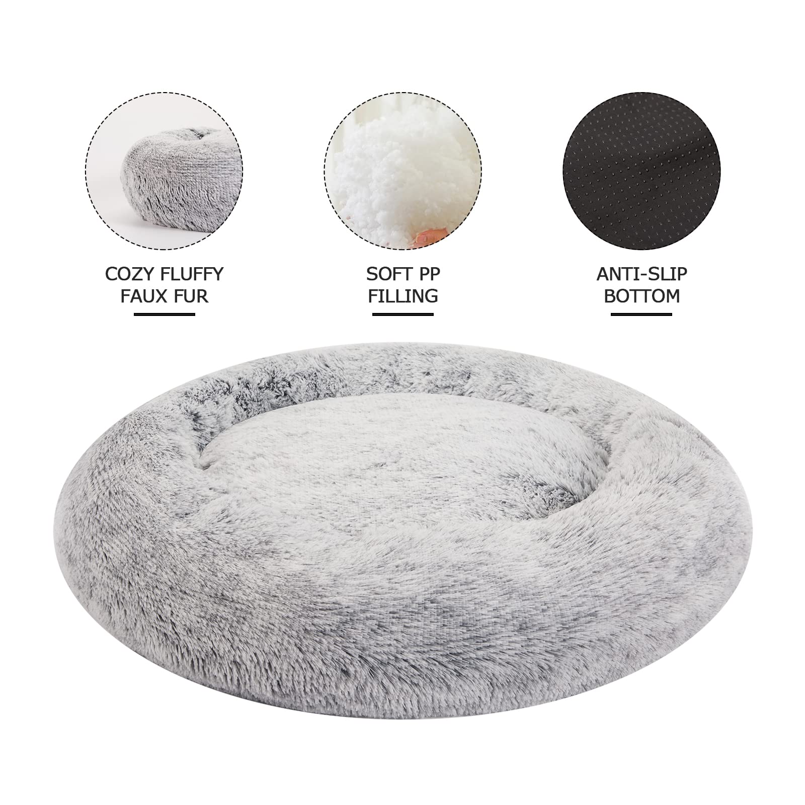 Bedfolks Calming Donut Dog Bed - 36 Inch Round Orthopedic Plush Pet Bed for Large Dogs, Anti-Anxiety Machine Washable Dog Bed (Dark Grey) - Perfect for Living Room, Bedroom & Pet Anxiety Relief