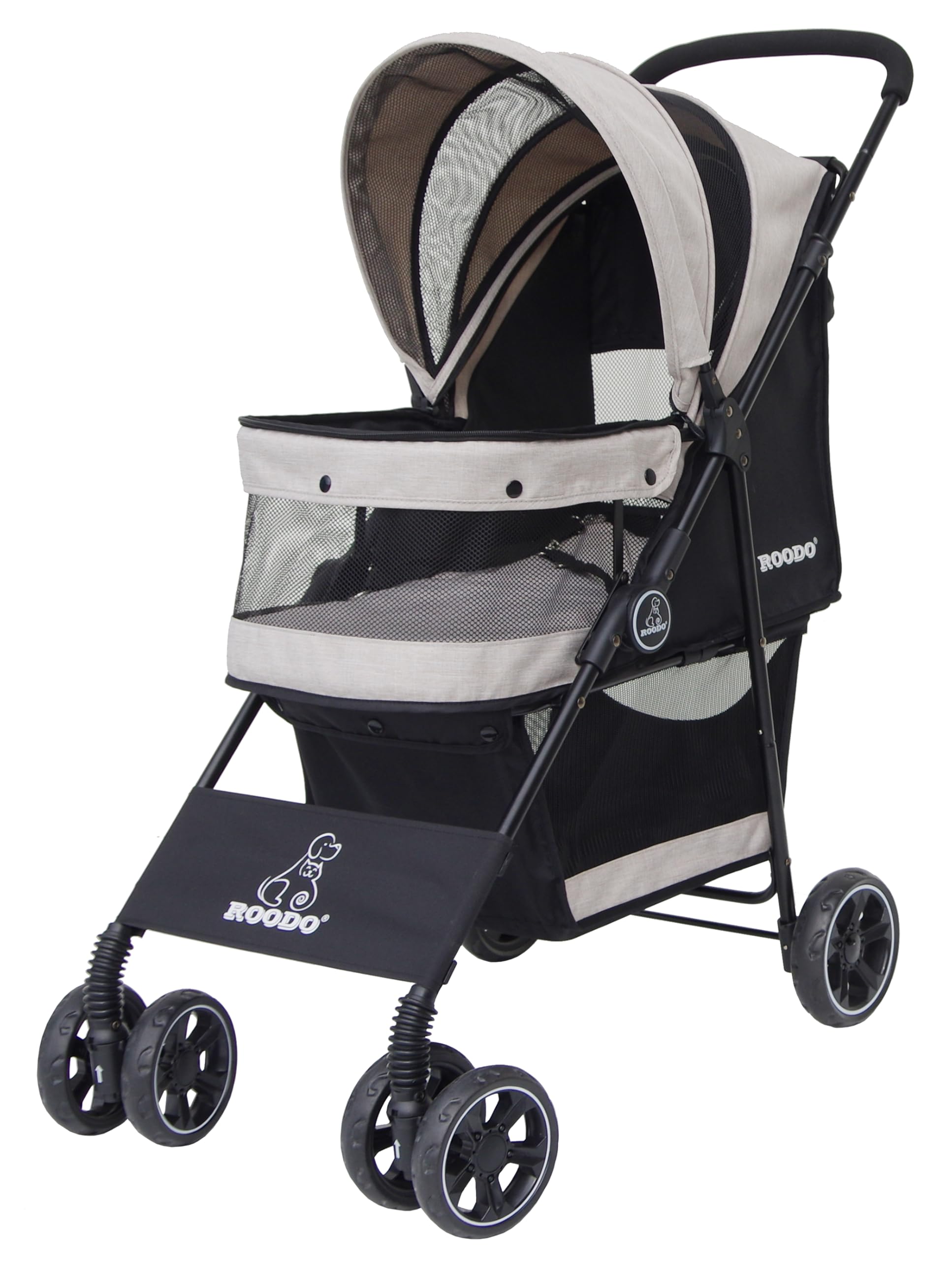 ROODO 4 Wheel All-Terrain Pet Stroller - Lightweight Foldable Compact Travel Jogger for Small/Medium Dogs & Cats up to 30lbs (Light Khaki) | Perfect for Outdoor Walks, Shopping Trips & Vet Visits