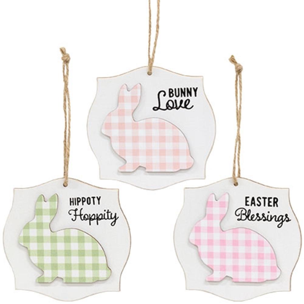 Layered Buffalo Check Easter Bunny Blessings Ornament Set of 3 - Holiday Home Decor for Easter Tree, Gift Giving & Spring Celebration
