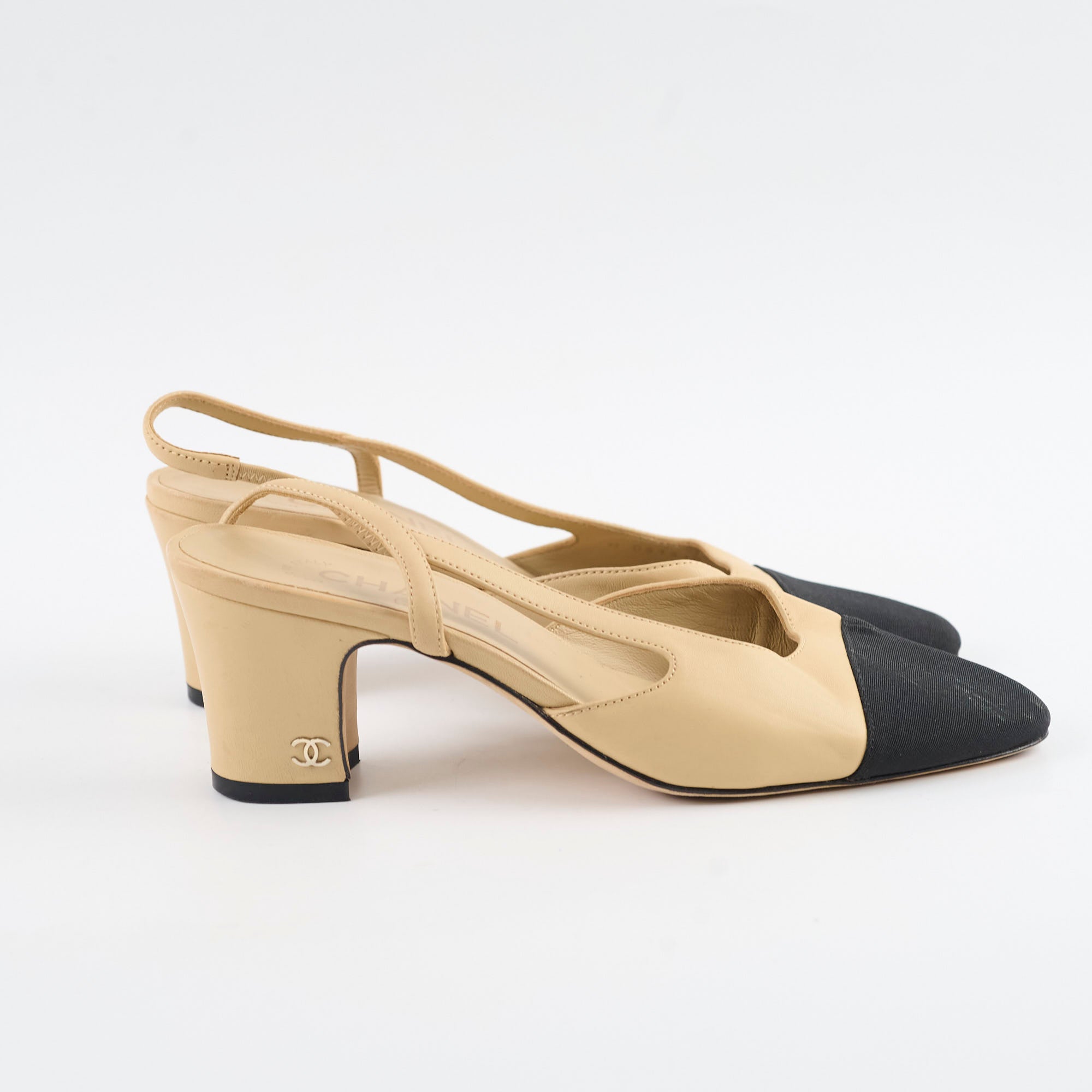 Chanel Beige & Black Two-Tone Slingback Heels Size 37 - Elegant Women's Dress Shoes for Office, Wedding & Evening Events