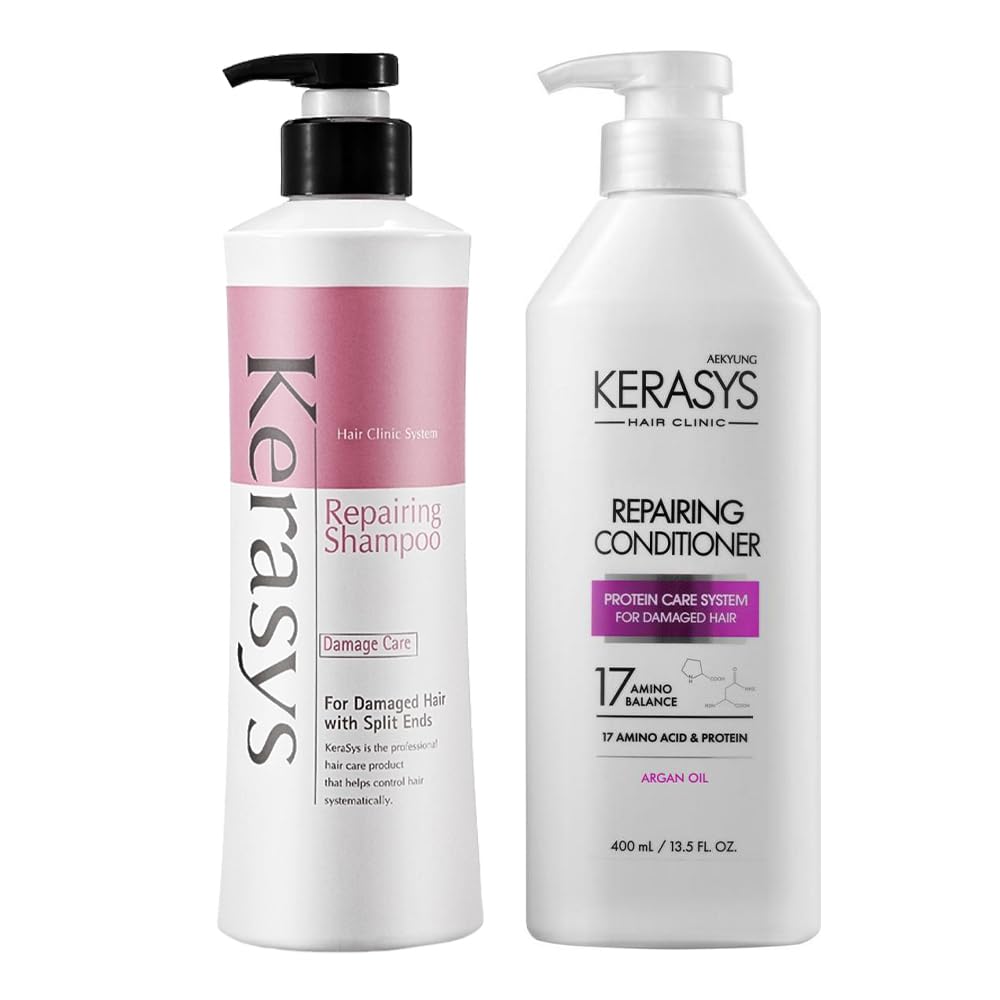 Kerasys Hair Clinic Protein Care System with Argan Oil - Damaged Hair Repair Shampoo & Conditioner Set (13.5 fl oz / 400 ml) | For Dry, Brittle & Color-Treated Hair | Salon-Quality At-Home Treatment