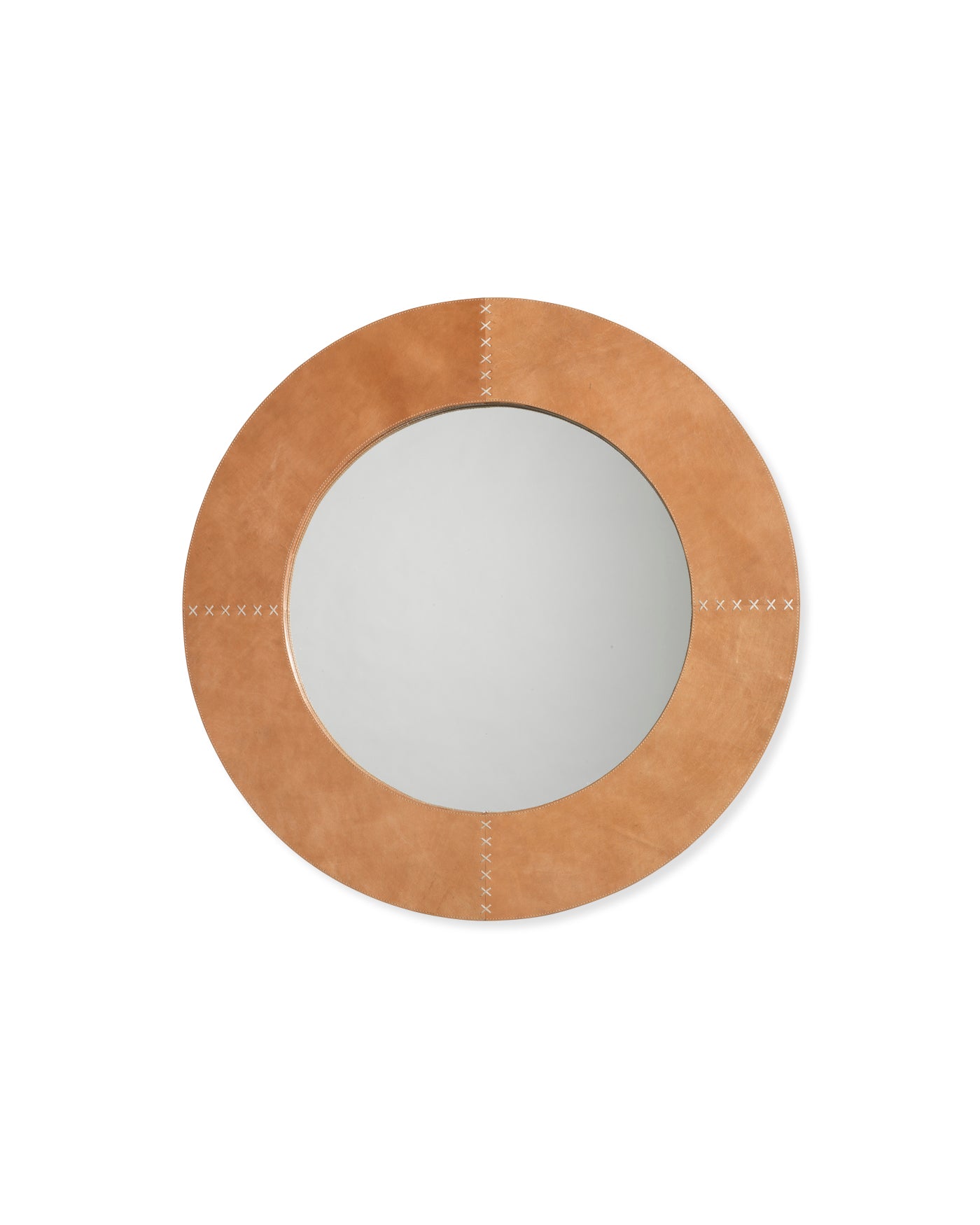 Round Cross Stitch Mirror Buff Leather - Vintage Handmade Wall Decor for Boho Home, Bedroom & Living Room