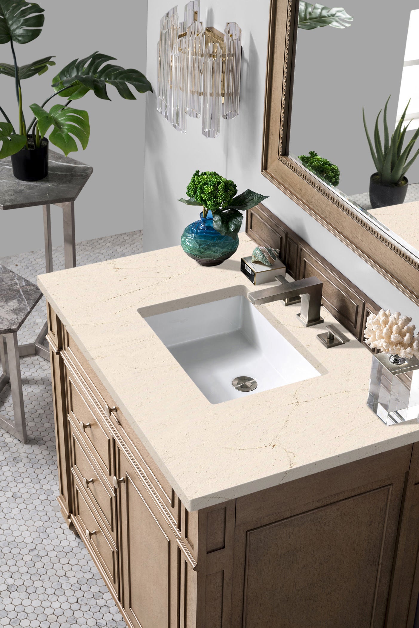 Bristol 36 Inch Single Bathroom Vanity Set with Whitewashed Walnut Finish & 3CM Eternal Marfil Quartz Countertop - Perfect for Modern Home, Apartment, or Guest Bathroom Renovation