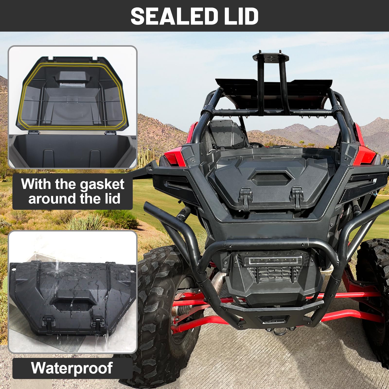 42QT Waterproof UTV Rear Cargo Storage Box with Lid - Compatible with Polaris RZR PRO XP/Turbo R 2020-2023 Models, Durable Tool Bed Organizer Replacement #2883752 - Perfect for Off-Road Adventures, Hunting Gear Storage & Worksite Equipment Transport