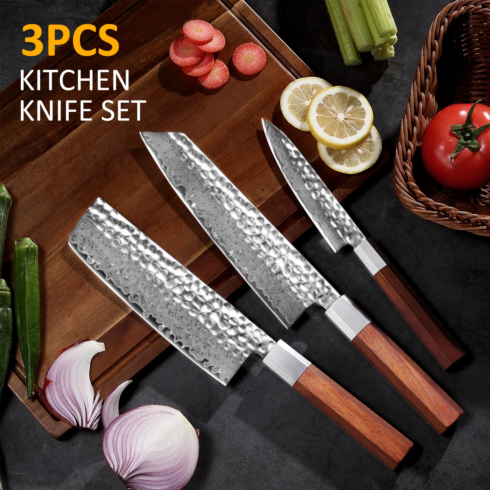 Premium 3-Piece Japanese Damascus Chef Knife Set - Hand-Forged High Carbon Steel Blades, Ultra Sharp Kitchen Knives with Ergonomic Wood Handle - Perfect for Chopping Vegetables, Slicing Meat & Professional Cooking - Ideal Gift for Home Chefs & Culinary Enthusiasts