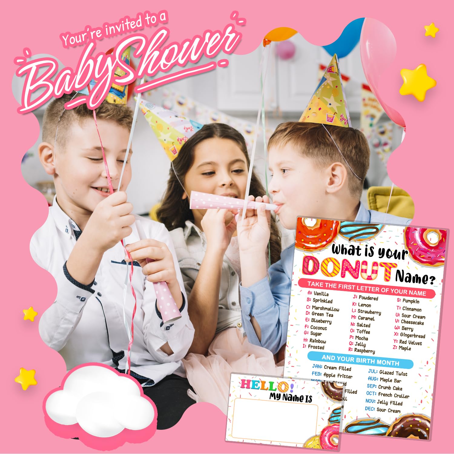What is Your Donut Name Game - Fun Party Activity Set with 30 Cards & Sign for Birthdays, Weddings, Anniversaries | Perfect for Girls' Parties, Kids Activities & Holiday Celebrations