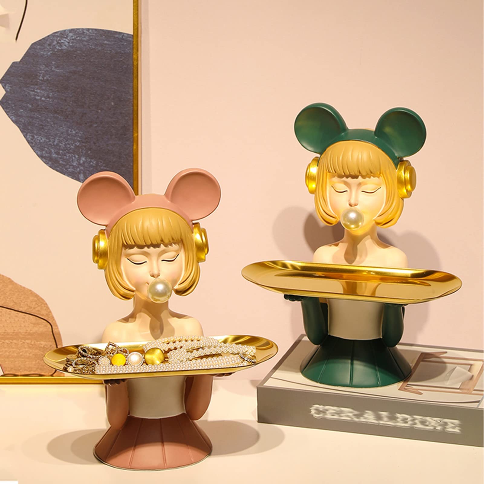 JKGHK Creative Storage Sculpture - Cute Girl Resin Figurine with Storage Tray, Modern Home & Office Desk Decor for Organizing Candy, Keys, Jewelry - Perfect for Bedroom, Living Room & Gift Giving (Green)
