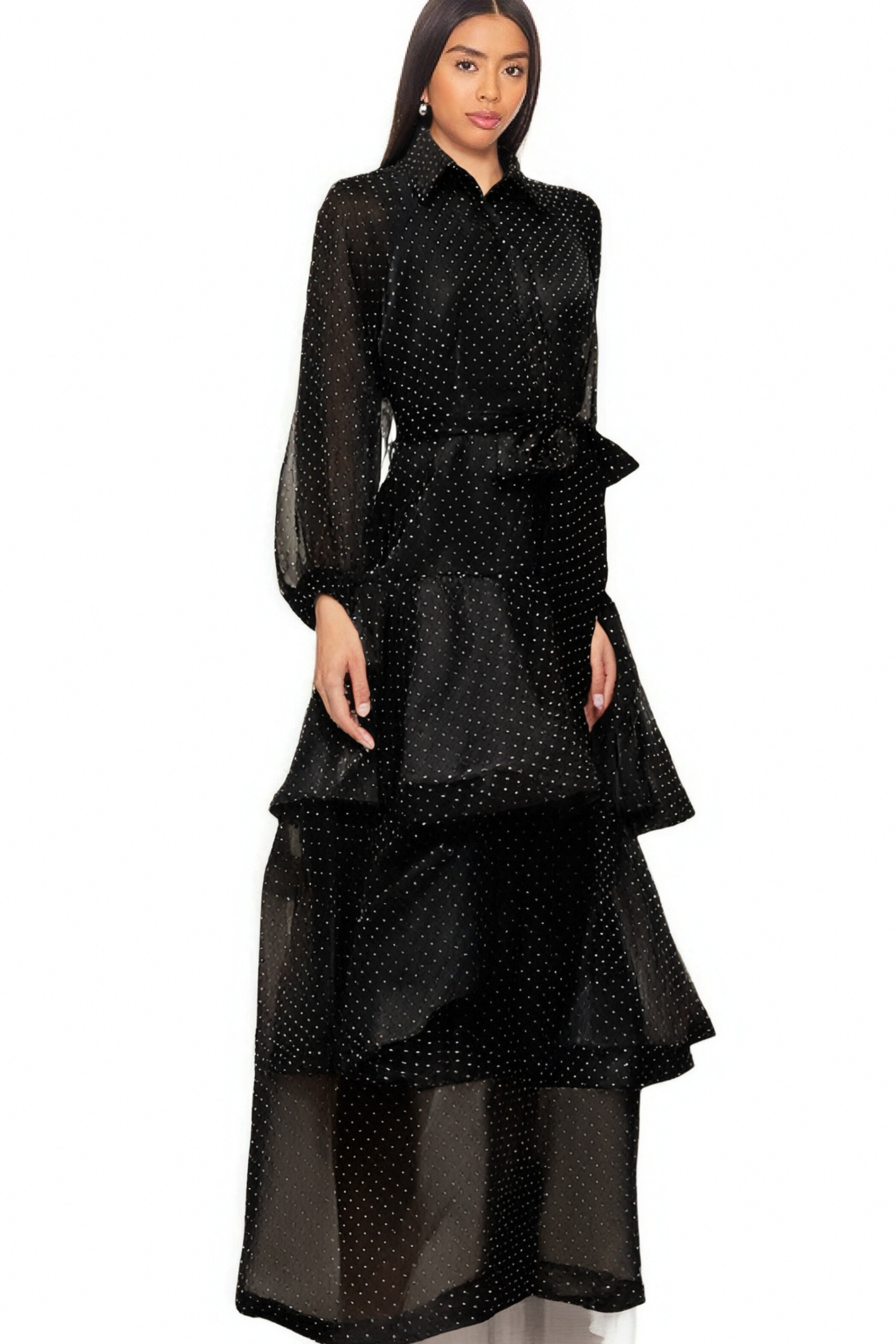Elegant Black Polka Dot Tiered Midi Dress for Women - Perfect for Casual Outings, Date Nights & Summer Parties
