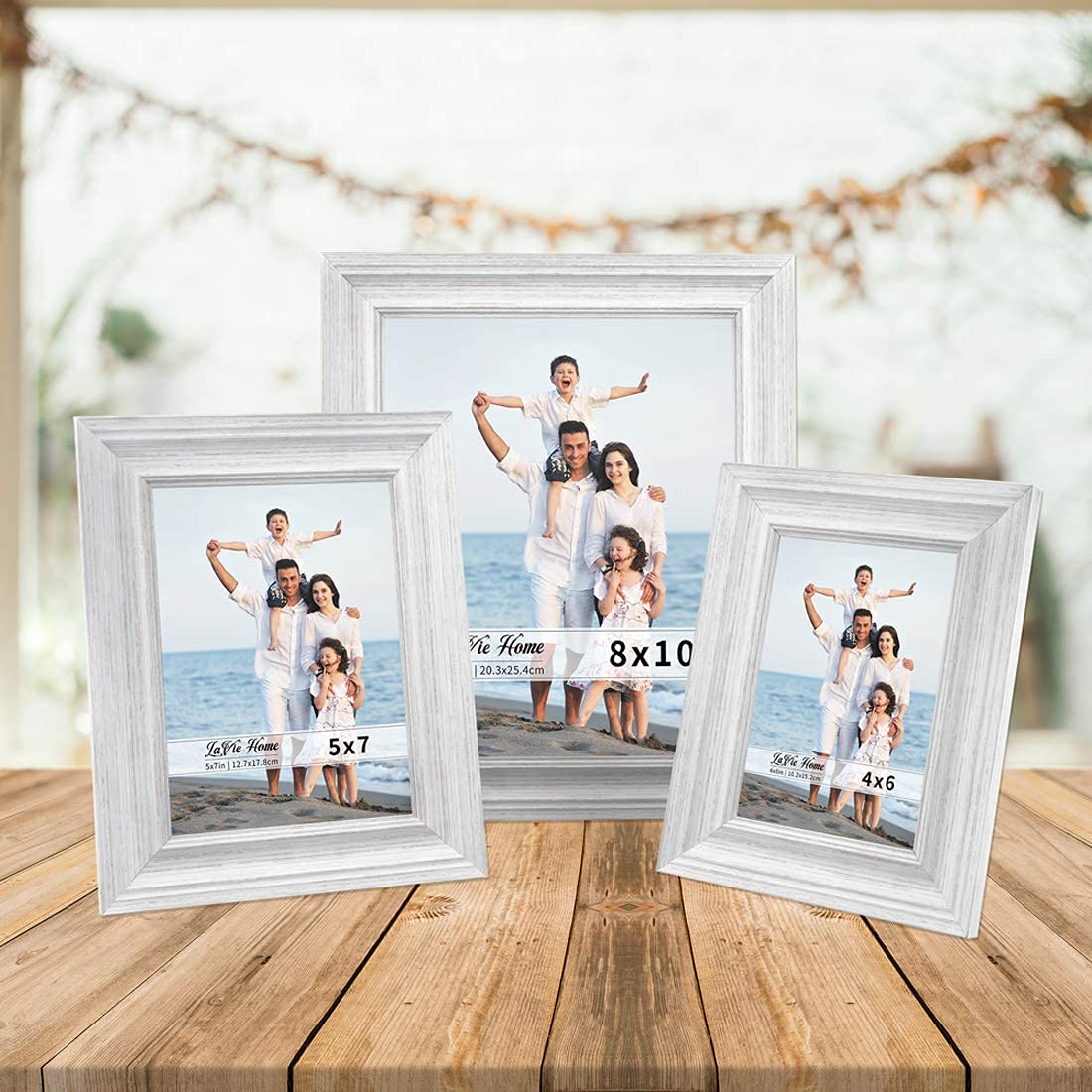 LaVie Home 4x6 Picture Frames (3 Pack, White) - Rustic Wood Photo Frame Set with HD Glass for Wall Mount & Tabletop Display - Perfect for Family Photos, Wedding Pictures, and Home Decor