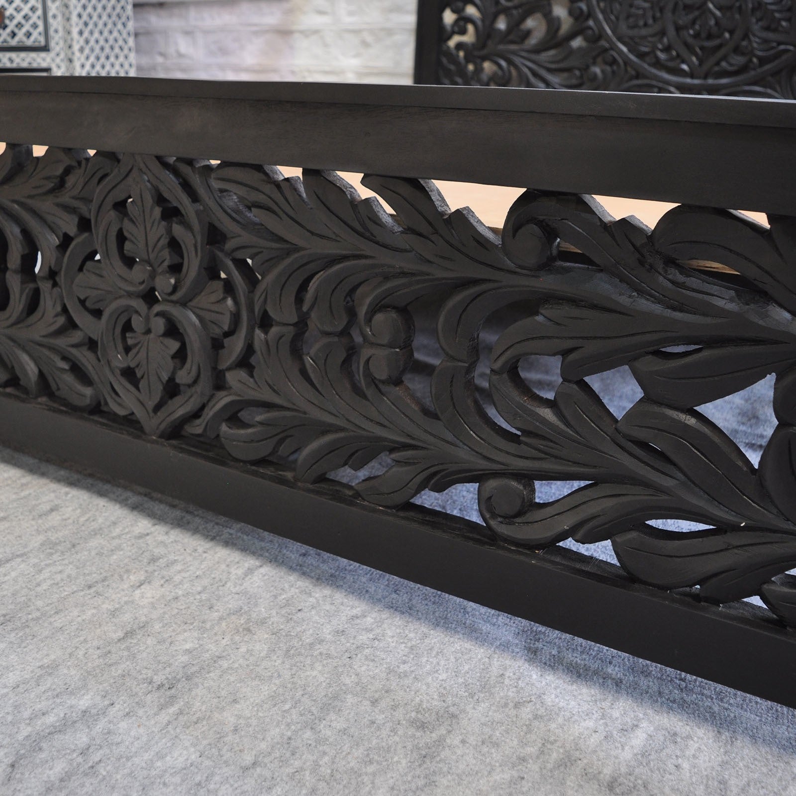 Hand Carved 4 Poster Panel Bed King Size in Matt Black - Elegant Dynasty Style Bedroom Furniture for Master Suite or Guest Room