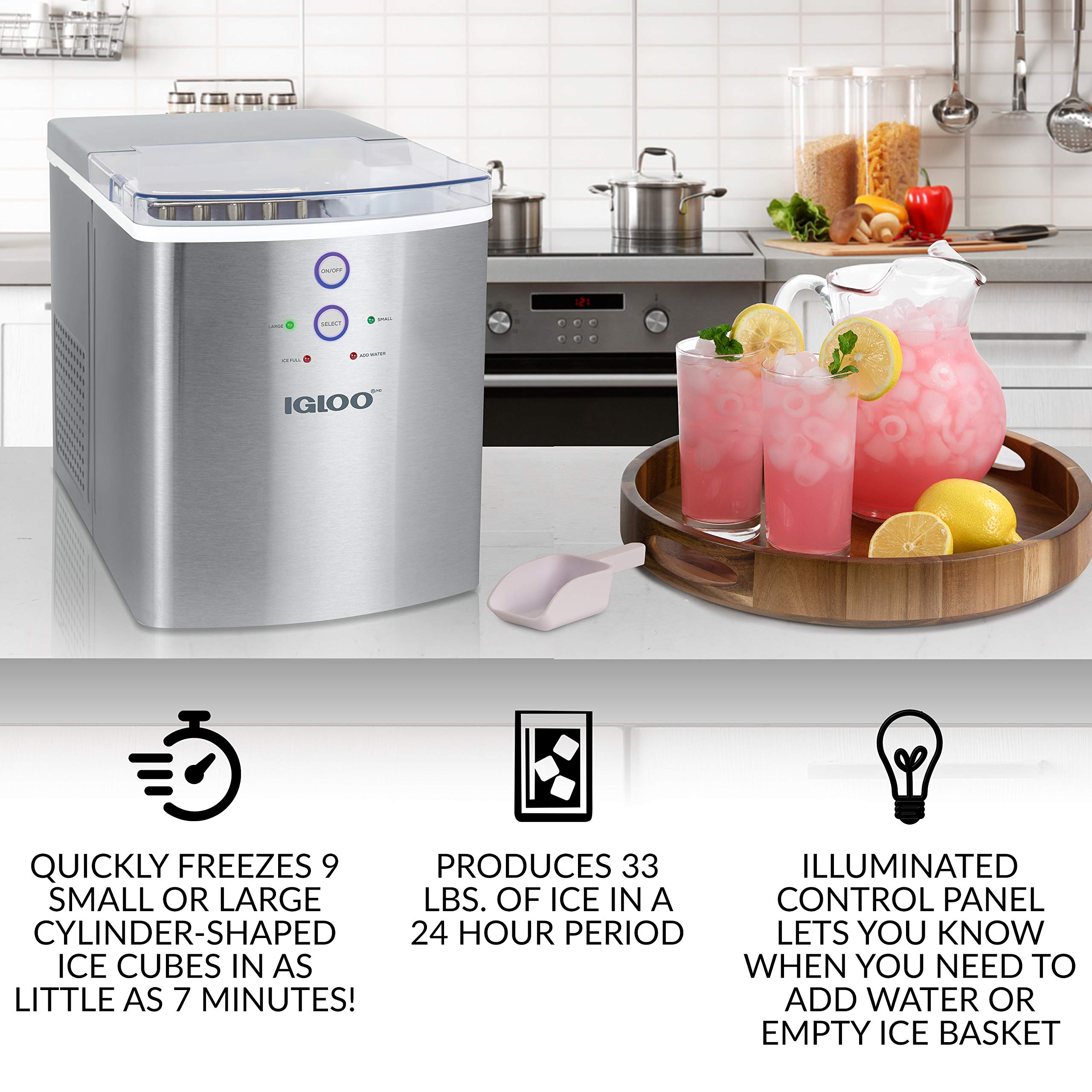 Igloo Electric Countertop Ice Maker Machine - Automatic Portable Ice Cube Maker - 33 lbs in 24 Hours - Includes Plastic Scoop & Basket - Perfect for Iced Coffee, Cocktails, Parties & Outdoor Events - Stainless Steel Design