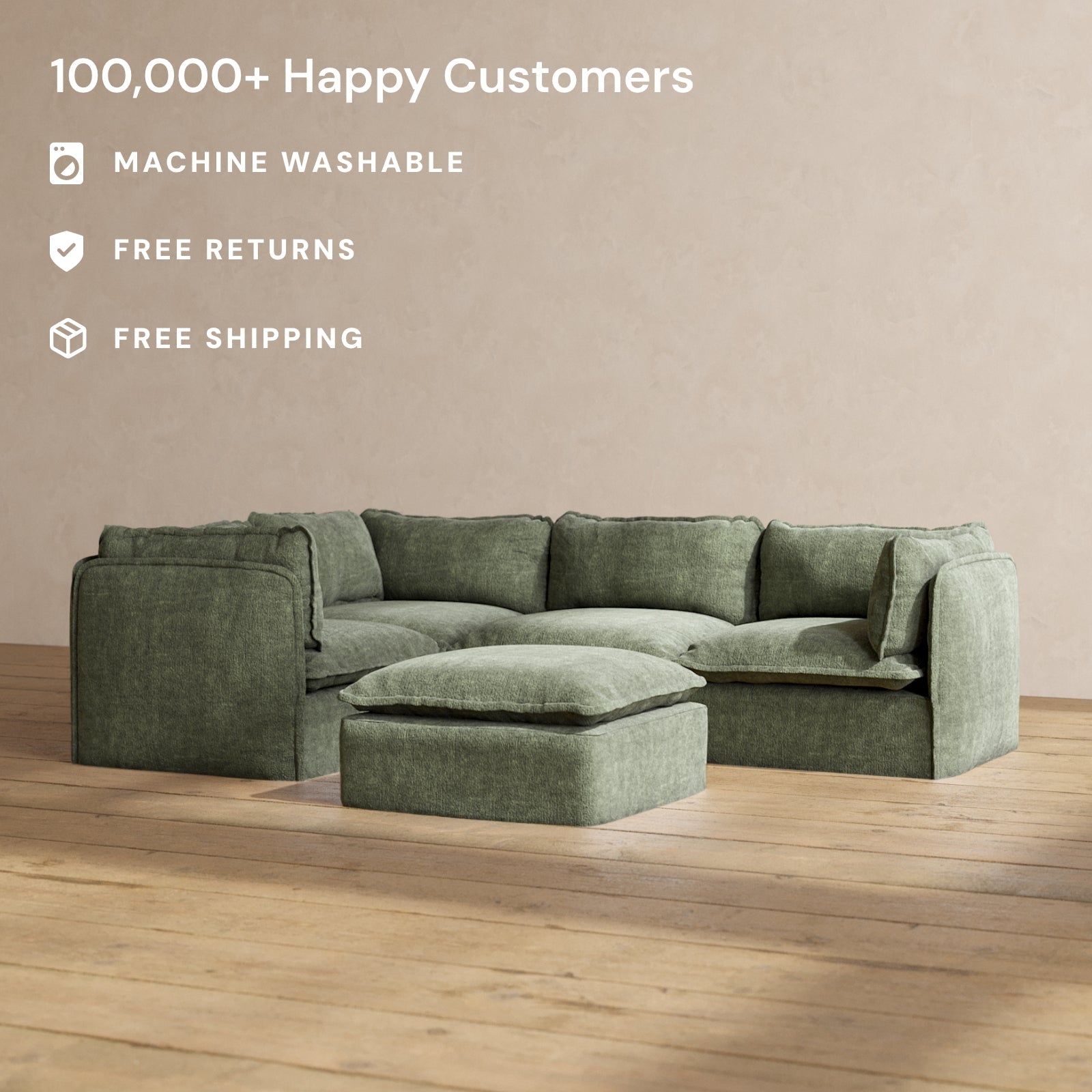 Modular Performance 4-Seater Corner Sectional Sofa with Ottoman in Willow Fabric | Relaxed Blend Fabric | Perfect for Living Room, Family Room & Home Theater