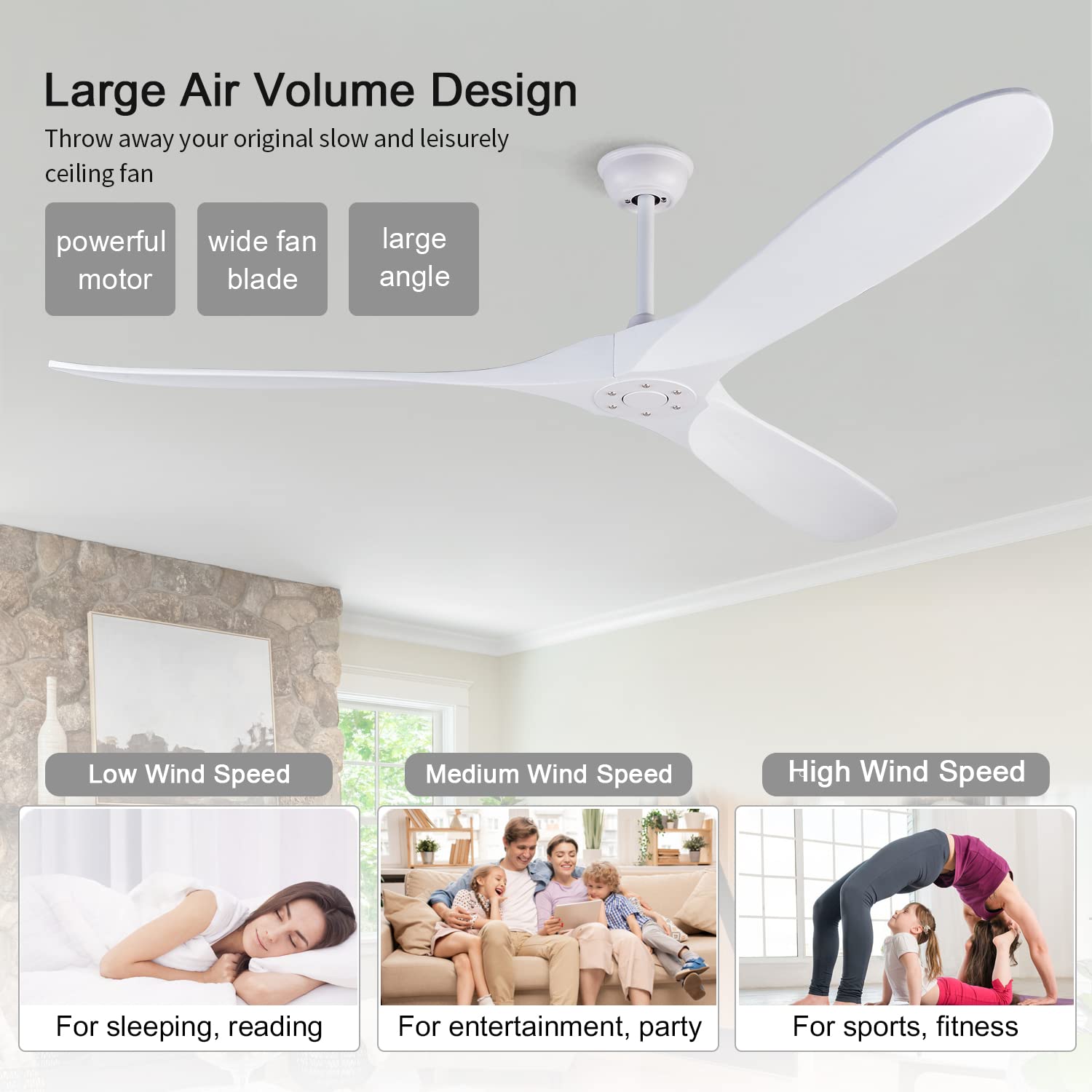 BOJUE 84 Inch Large Ceiling Fan No Lights with Remote Control - 3 Solid Wood Blades, Indoor Outdoor Ceiling Fan for Patio, Porch, Farmhouse, Office, Living Room - White Blades - Perfect for Cooling Large Spaces
