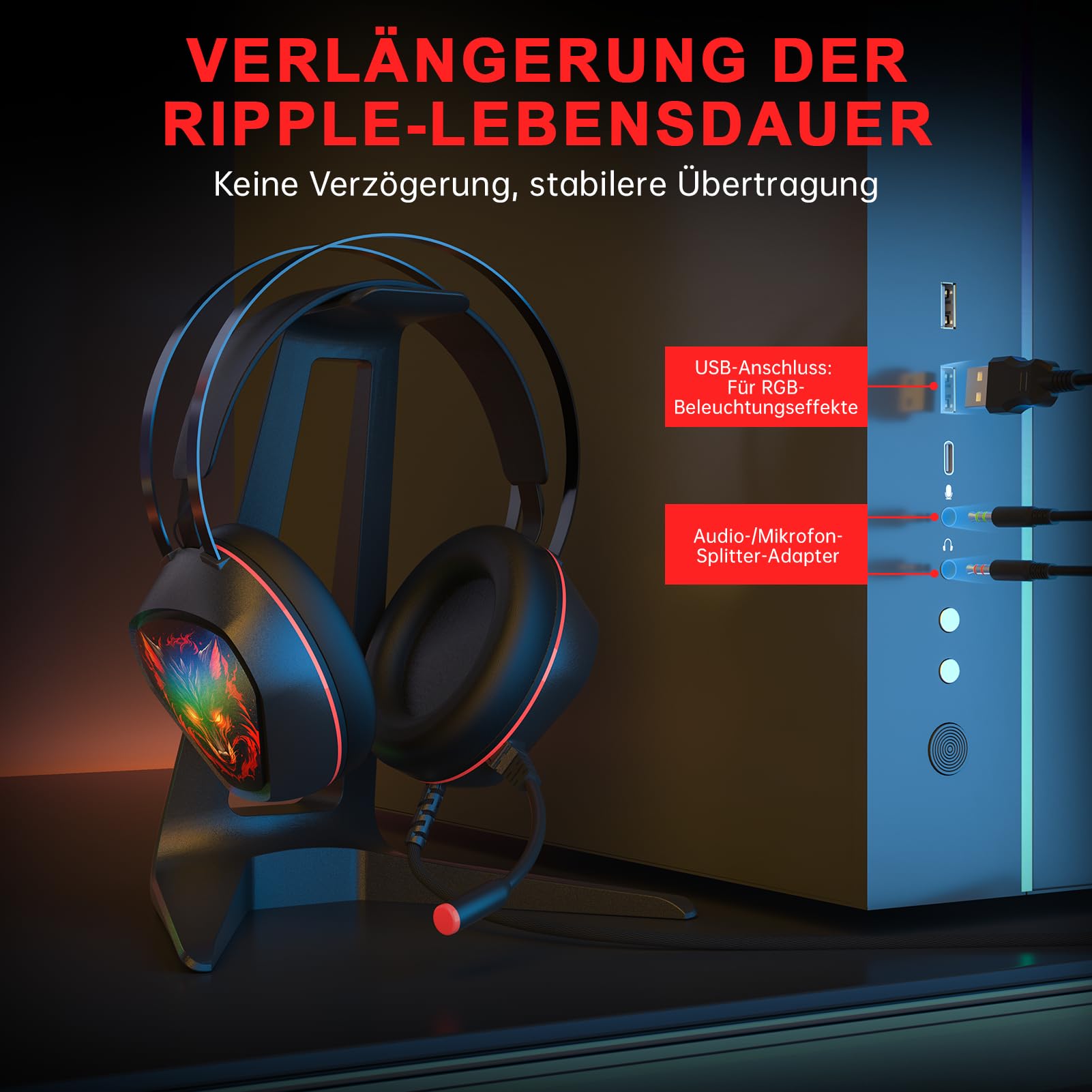 Gvyugke PS5 Gaming Headset with Microphone - Wired RGB Headphones for PC, Xbox, PS5 - Noise Cancelling Over-Ear Headset (Black-Red) - Perfect for Competitive Gaming & Streaming