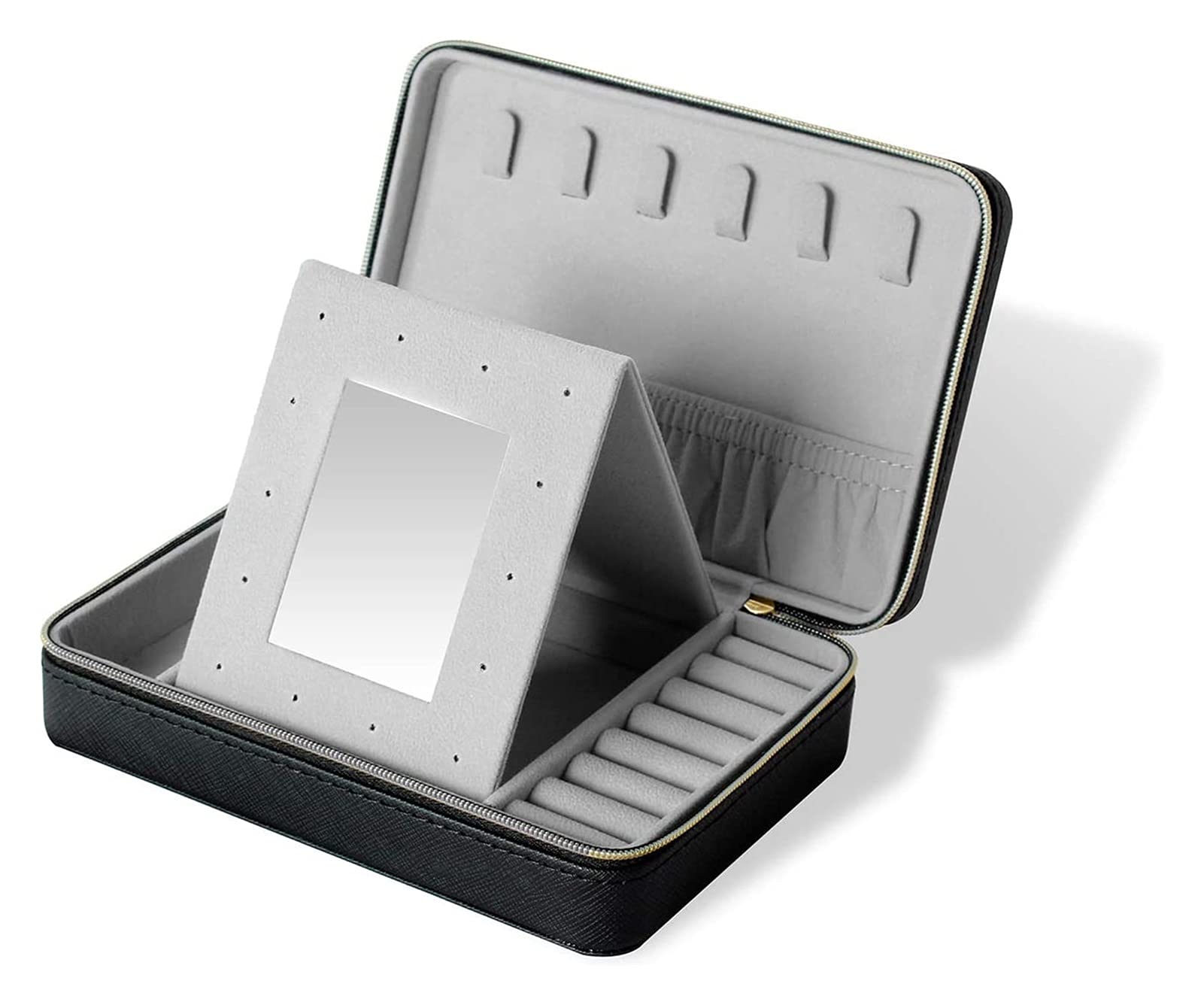 BONOCO Travel Jewelry Organizer Box with Mirror - PU Leather Portable Jewelry Storage Case for Rings, Earrings & Necklaces - Compact Jewelry Box for Women (Black) | Perfect for Travel, Home Organization & Gift Giving