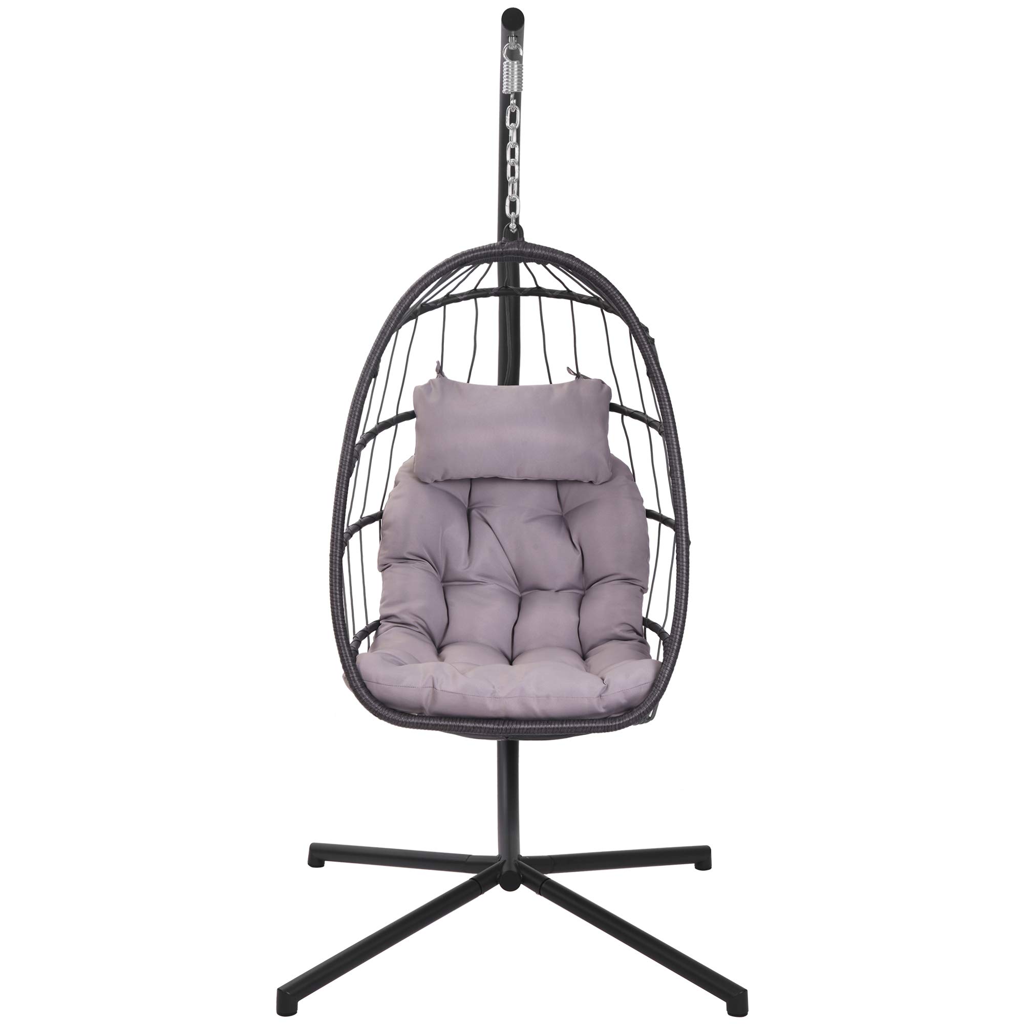 Outdoor Aluminum Frame Wicker Hanging Egg Chair with UV-Resistant Brown Cushion & Pillow - Patio Swing Chair for Garden, Balcony, Backyard Relaxation (Grey)