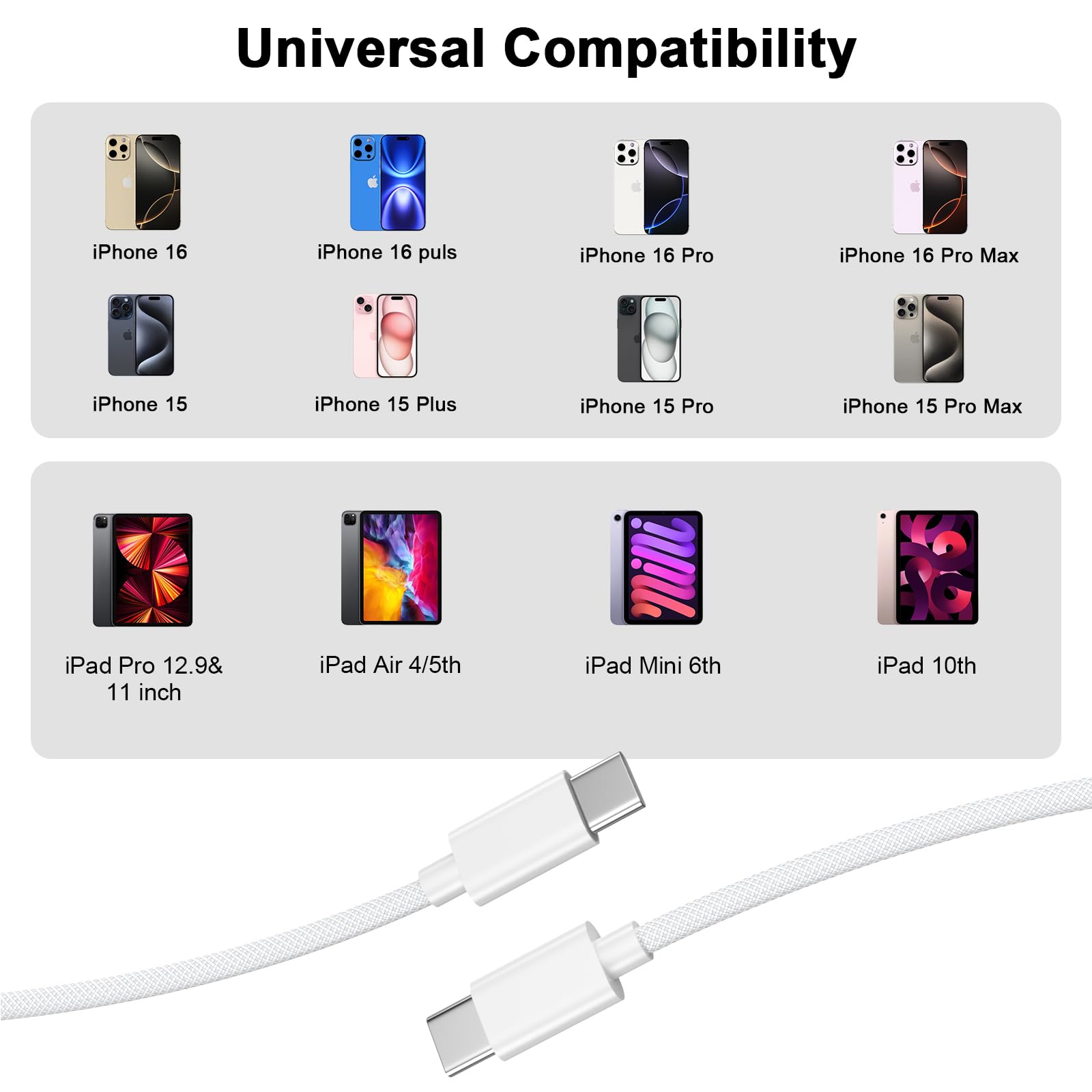 MFi Certified iPhone 16 Charger 6FT 2-Pack - 60W USB C to USB C Fast Charging Cable for iPhone 16/16 Plus/16 Pro/16 Pro Max/15 Series, iPad Pro/Air/Mini, Samsung Galaxy - Perfect for Home, Office & Travel (White)