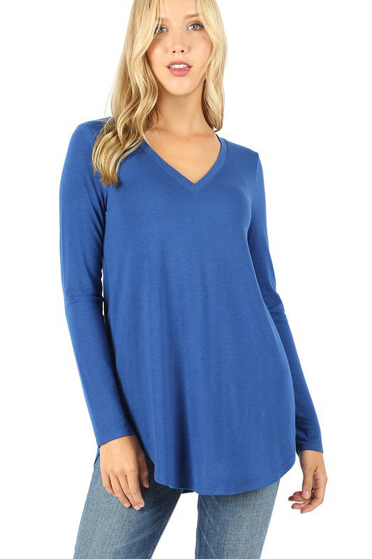 Women's Long Sleeve V Neck Scoop Front & Back Stretch T-Shirt - Casual Comfort Top for Everyday Wear, Work & Date Night