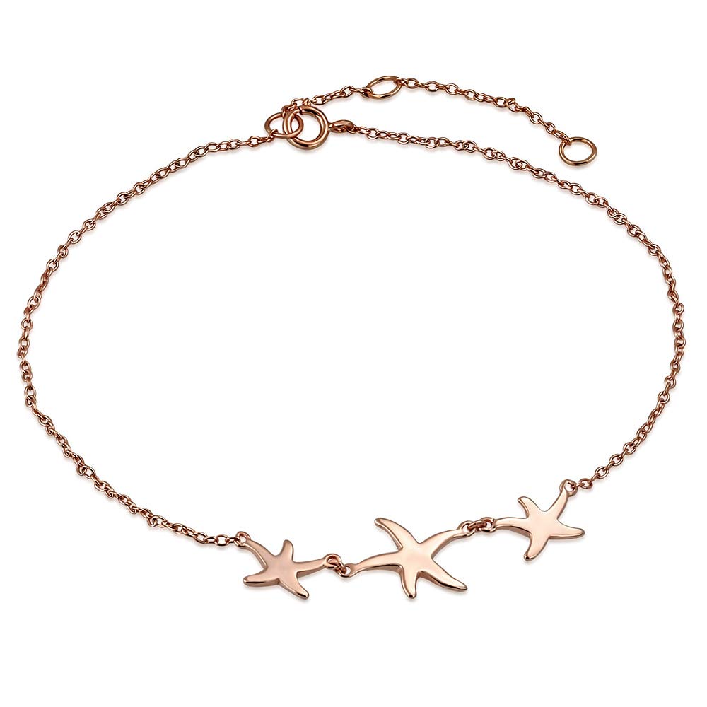 925 Sterling Silver Triple Starfish Anklet Bracelet - Dainty Adjustable Ankle Chain for Women - Perfect for Beach Vacations, Summer Outfits & Boho Style Accessories
