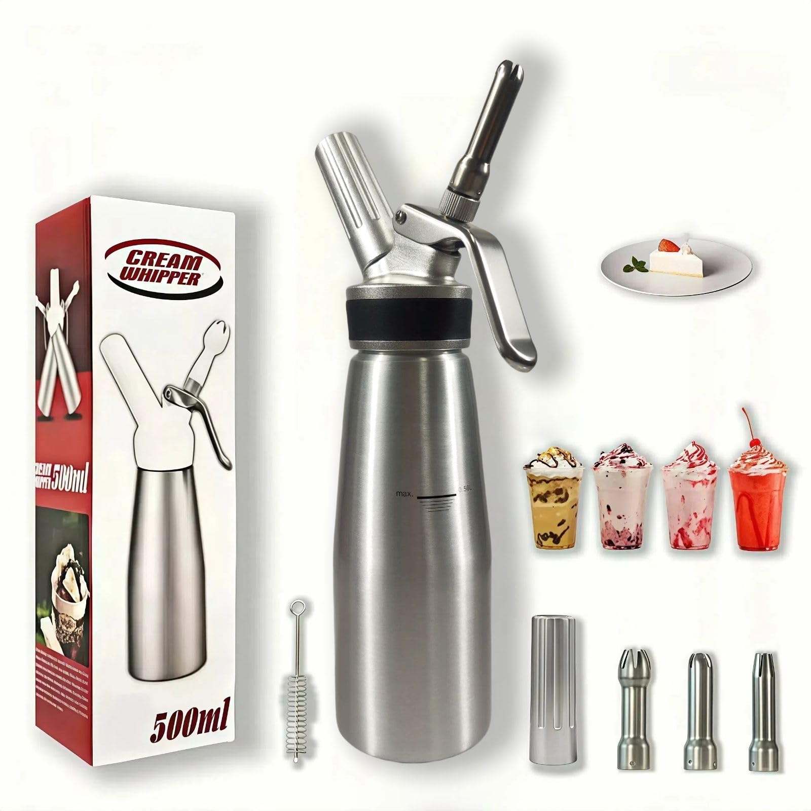 Stainless Steel Whipped Cream Dispenser with Nozzles - 500ml for Baking & Desserts