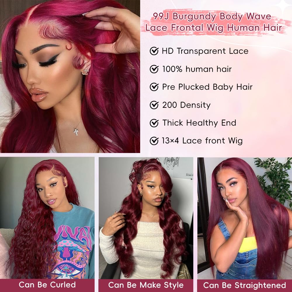 30 Inch 99J Burgundy Lace Front Human Hair Wig - 12A Grade 200% Density HD Body Wave with 13x4 Frontal - Pre Plucked Glueless Wine Red Wig for Women | Perfect for Cosplay, Parties, Weddings & Daily Wear