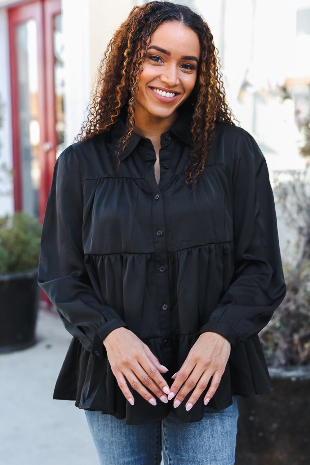 Perfectly You Black Button Down Tiered Babydoll Satin Top for Women | Elegant Sleeveless Blouse for Party, Date Night & Special Occasions