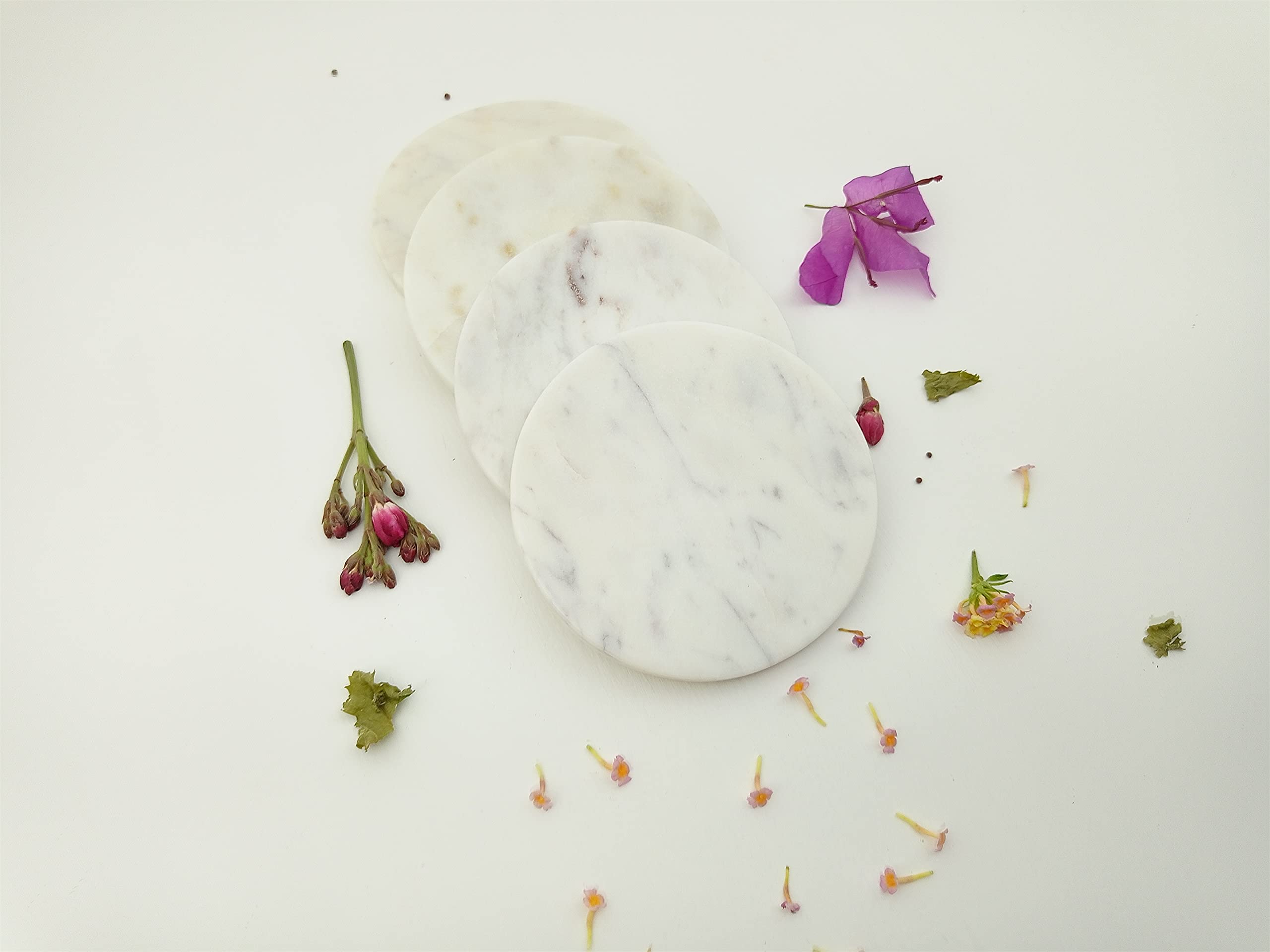 Handmade White Marble Round Coasters Set of 4 - Classic Elegant Drink Protectors for Bar, Kitchen, Dining & Living Room - Protect Furniture from Scratches & Stains - Perfect for Hot & Cold Beverages, Dinner Parties & Home Decor