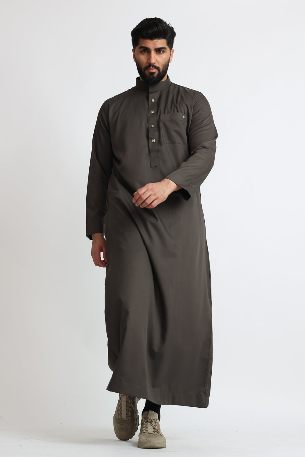 Premium J1517 Charcoal Saudi Collar Thobe for Men - Traditional Islamic Robe for Eid, Ramadan & Special Occasions - Comfortable & Stylish Long Dress